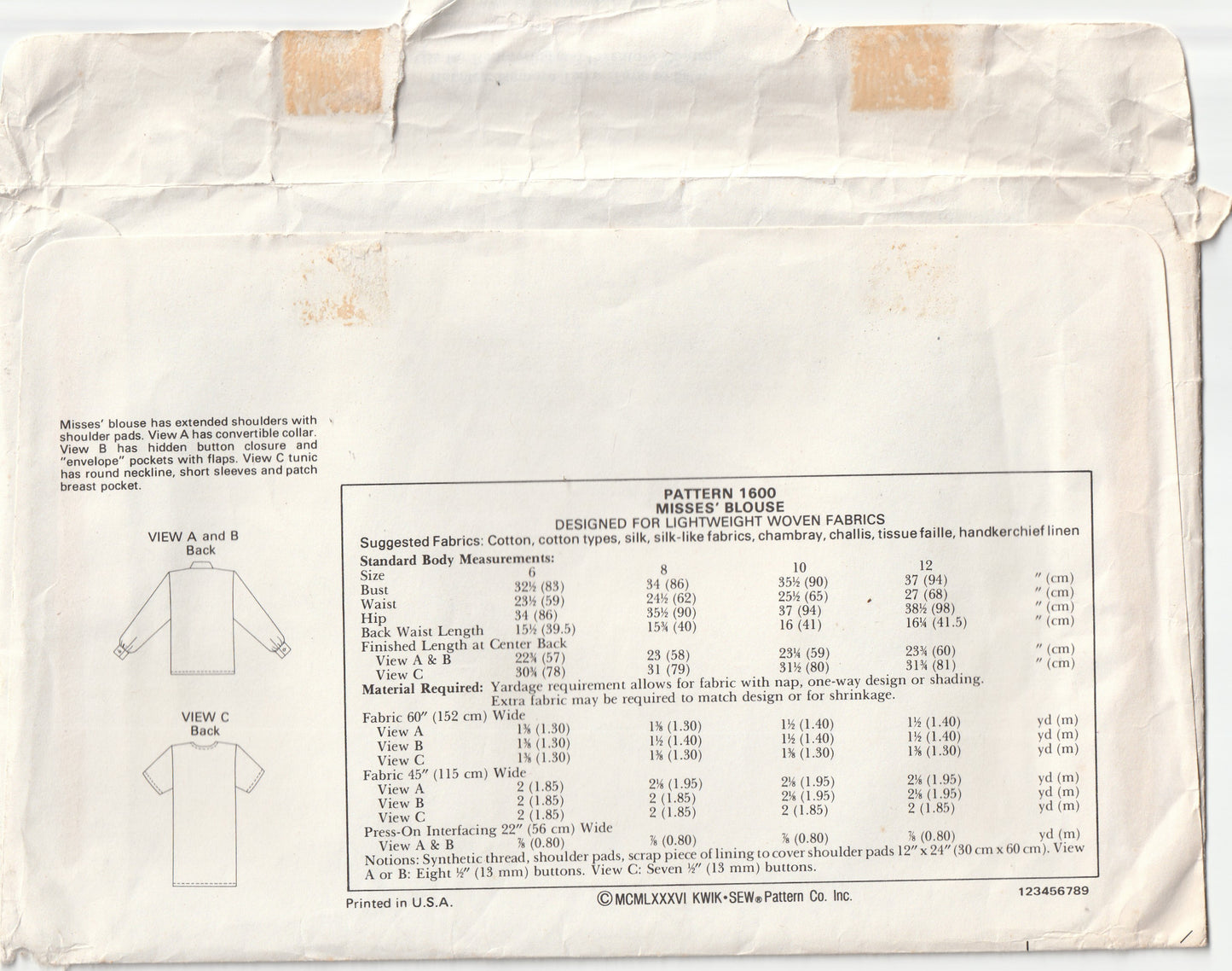 Patrón de costura vintage de los años 80 para camisas holgadas de mujer Kwik Sew 1600, busto de 32 a 37 pulgadas, sin cortar, doblado de fábrica