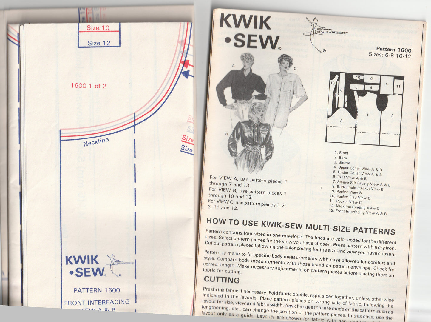 Patrón de costura vintage de los años 80 para camisas holgadas de mujer Kwik Sew 1600, busto de 32 a 37 pulgadas, sin cortar, doblado de fábrica