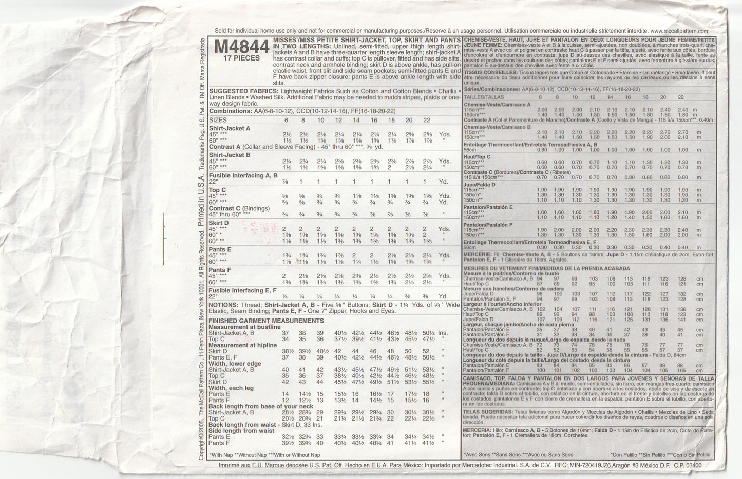 McCall's 4844 Womens Shirt/Jacket Top Skirt & Pants or Shorts Out Of Print Paper Sewing Pattern Sizes 16 - 22 UNCUT Factory Folded