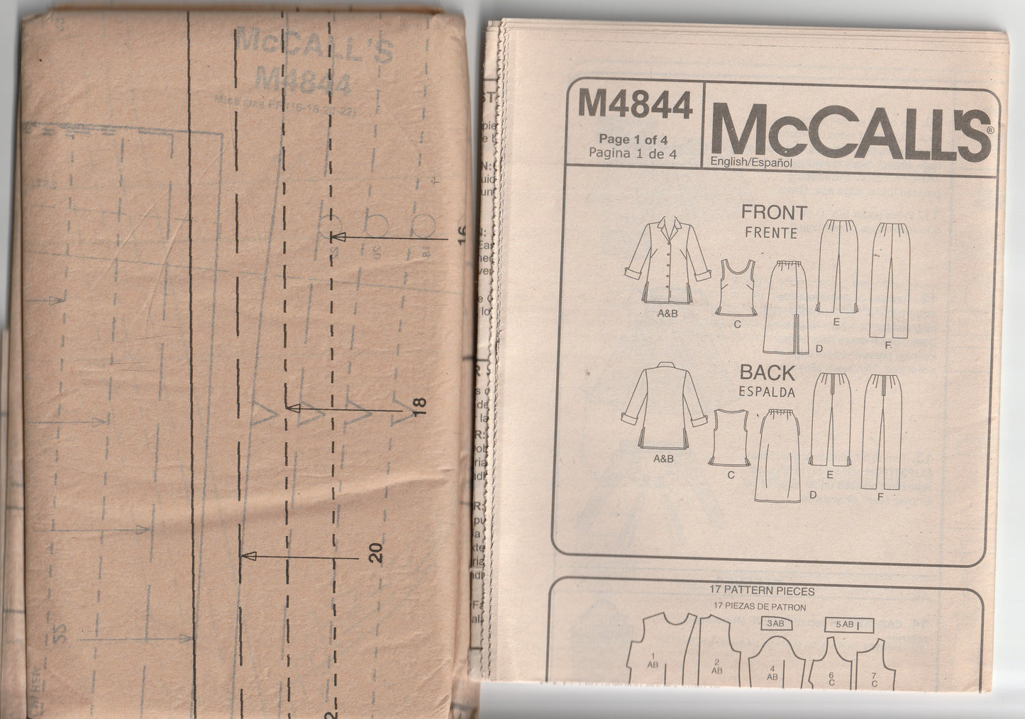 McCall's 4844 Womens Shirt/Jacket Top Skirt & Pants or Shorts Out Of Print Paper Sewing Pattern Sizes 16 - 22 UNCUT Factory Folded