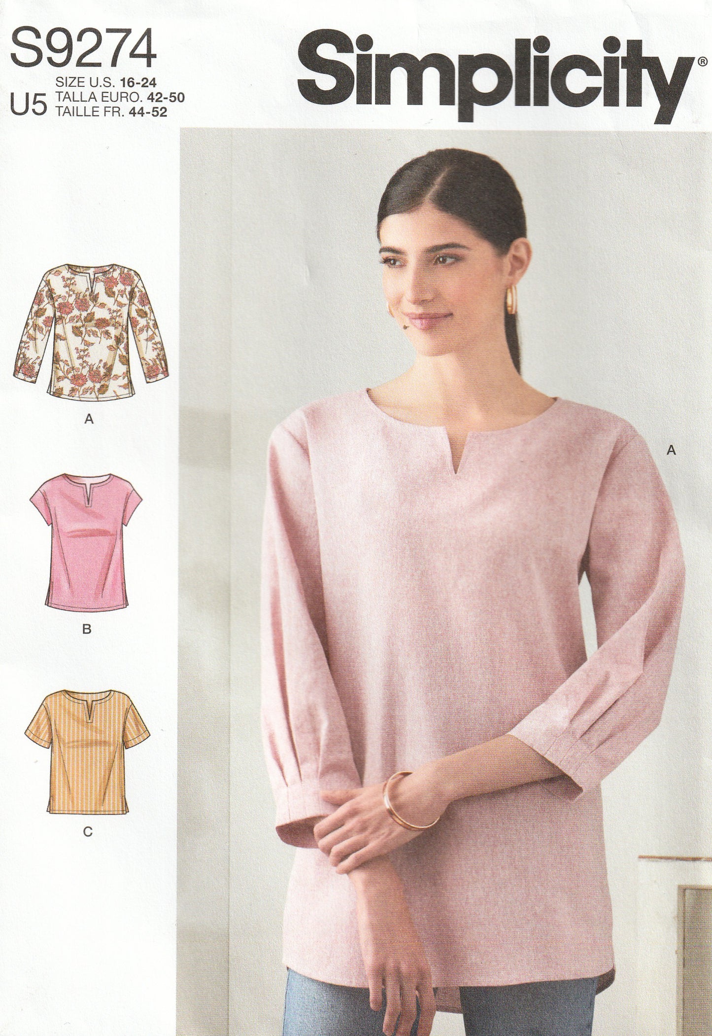 Simplicity 9274 Womens EASY Pullover Tops in 2 Lengths Paper Sewing Pattern Size 16 - 24 UNCUT Factory Folded