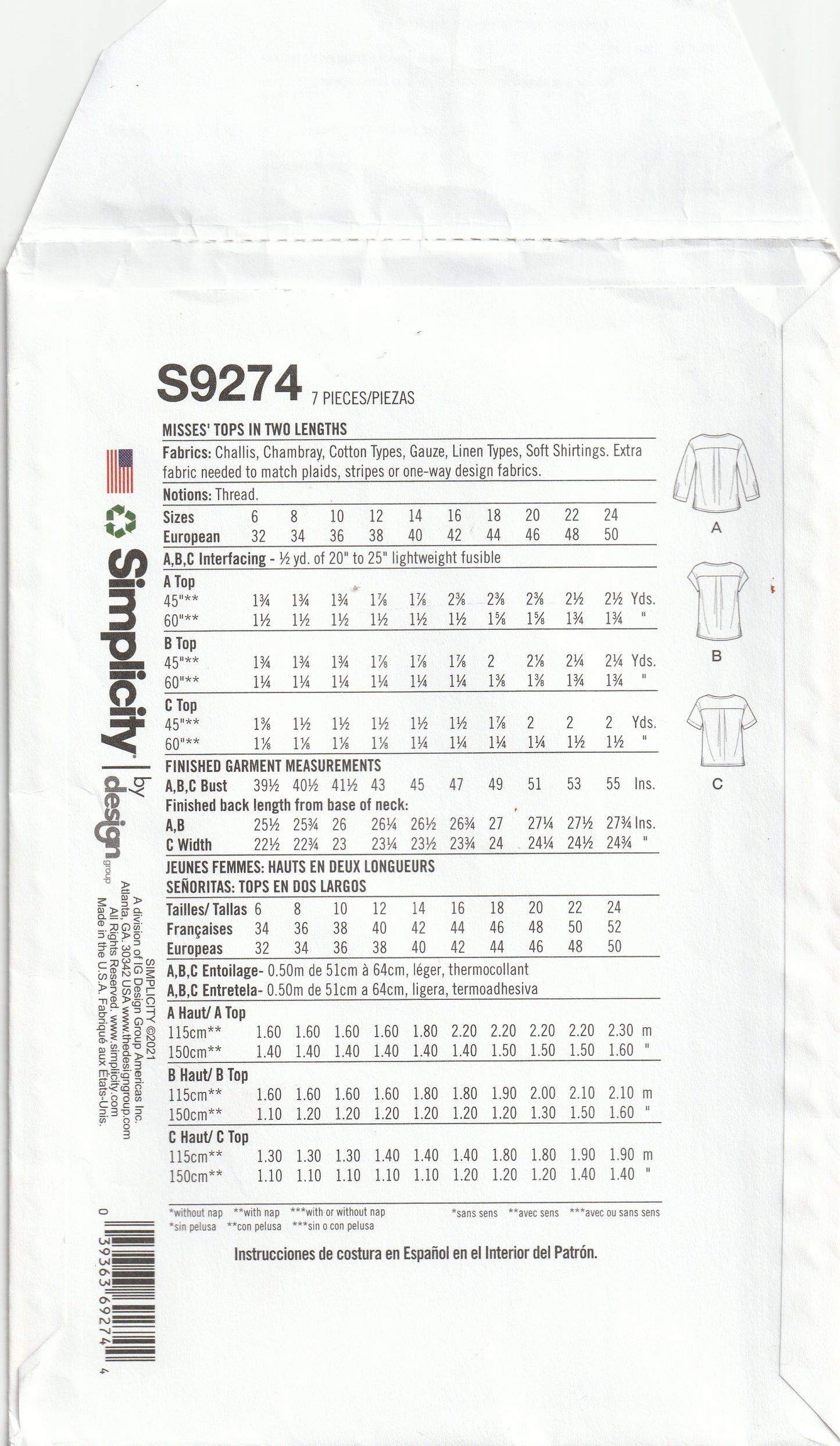 Simplicity 9274 Womens EASY Pullover Tops in 2 Lengths Paper Sewing Pattern Size 16 - 24 UNCUT Factory Folded