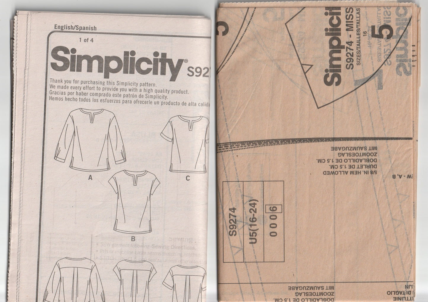 Simplicity 9274 Womens EASY Pullover Tops in 2 Lengths Paper Sewing Pattern Size 16 - 24 UNCUT Factory Folded