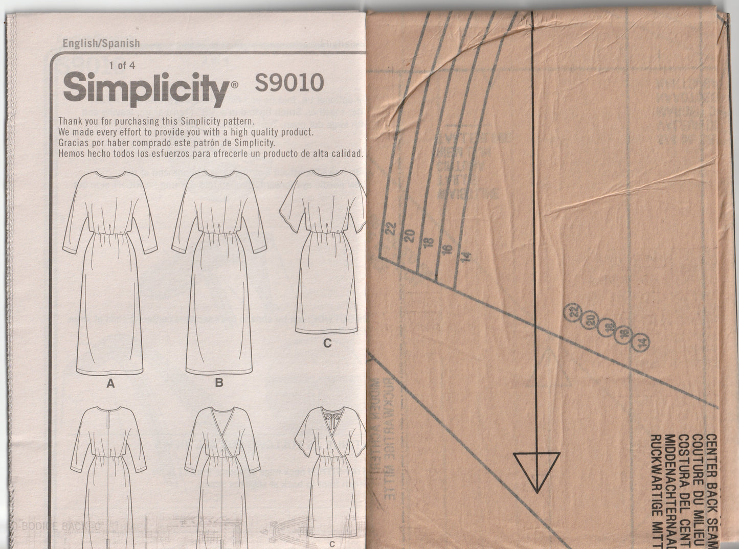 Simplicity 9010 Womens EASY V Back Dress with Sleeve Variations Out Of Print Sewing Pattern Size 14 - 22 UNCUT Factory Folded