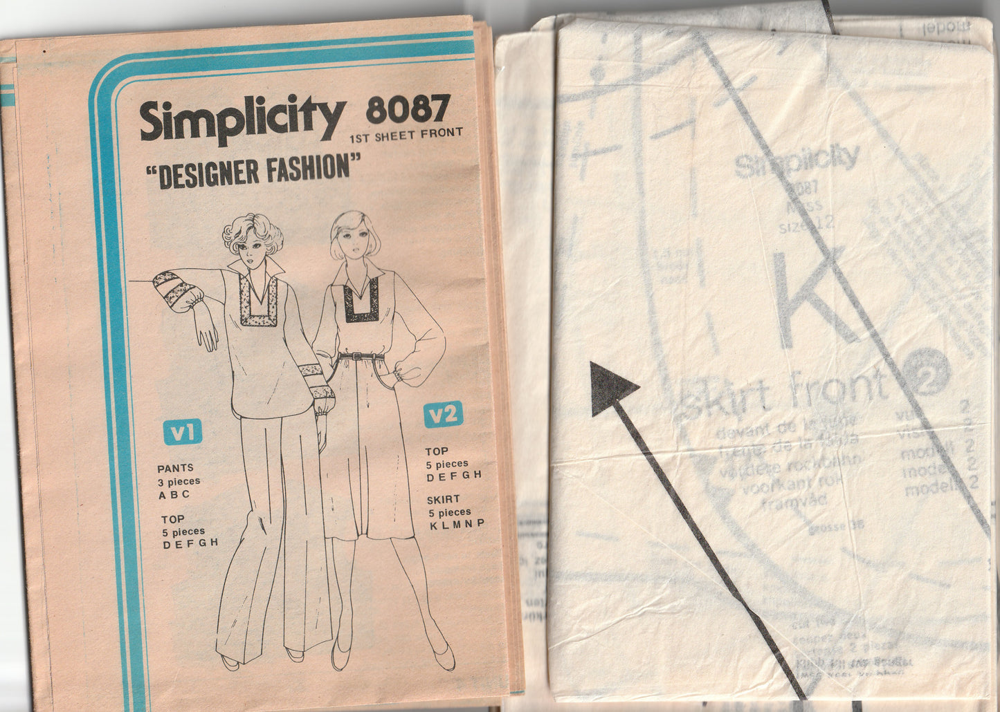 Simplicity 8087 DESIGNER Womens Pullover Braid Trimmed Top Bias Skirt & Wide Leg Pants 1980s Vintage Paper Sewing Pattern Size 12 Bust 34 inches