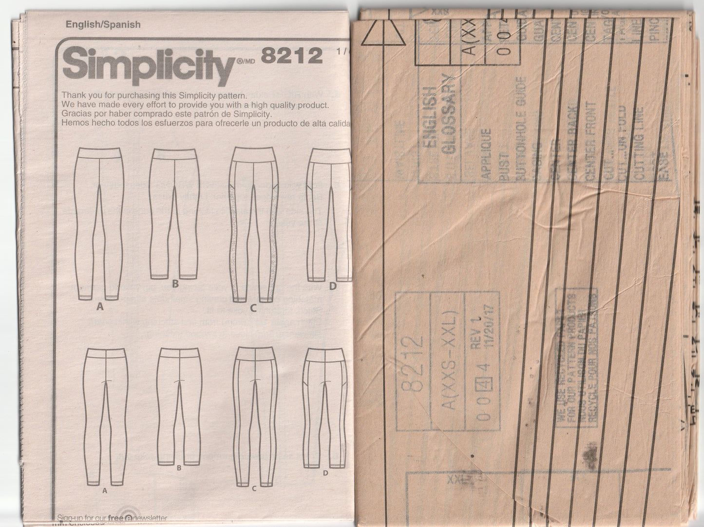 Patrón de costura para leggings elásticos para mujer Simplicity 8212, talla XXS a XXL, sin cortar, doblado de fábrica
