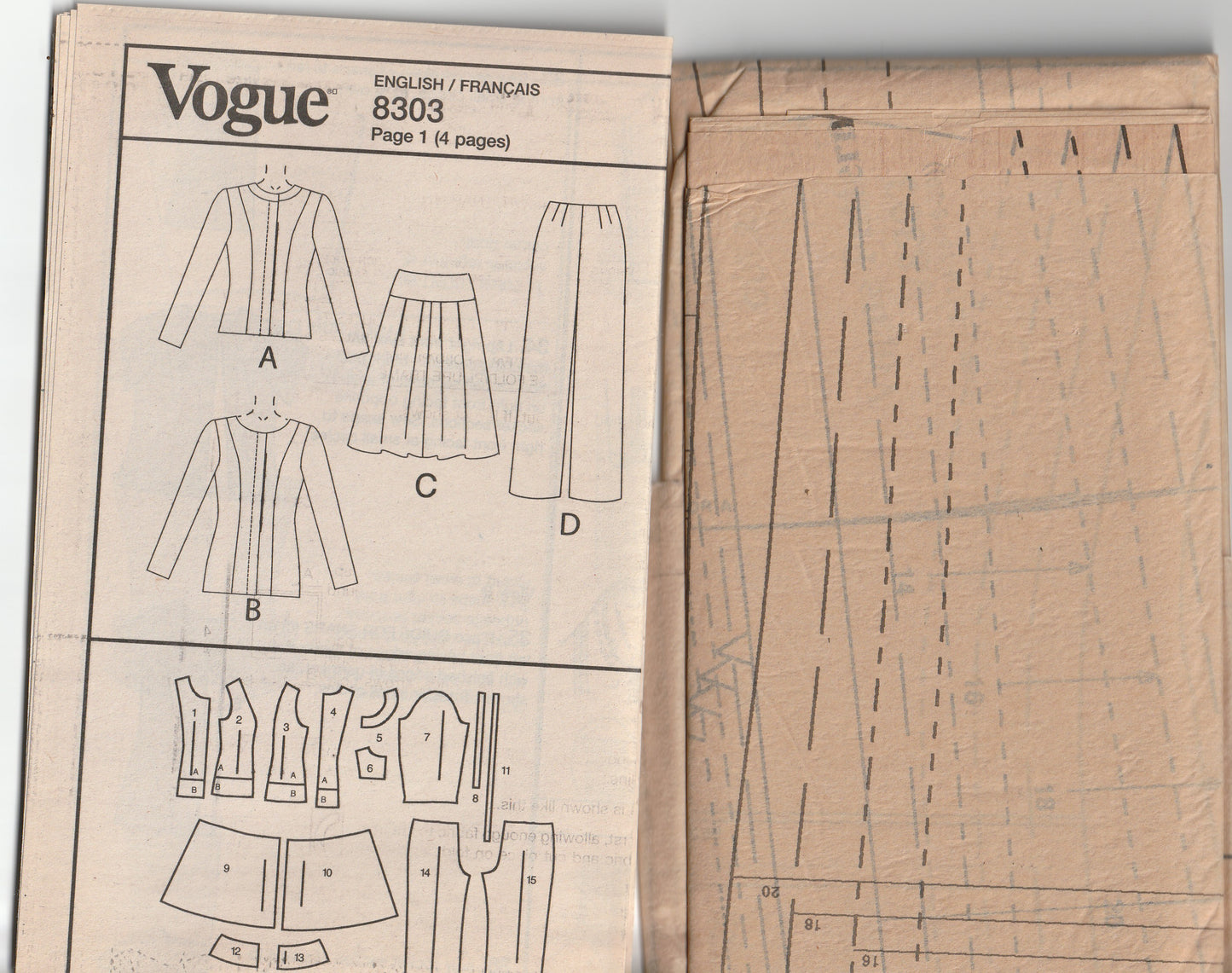 Patrón de costura de chaqueta, falda y pantalones de princesa para mujer Vogue Woman V8303, sin cortar, doblado de fábrica, talla 14-22