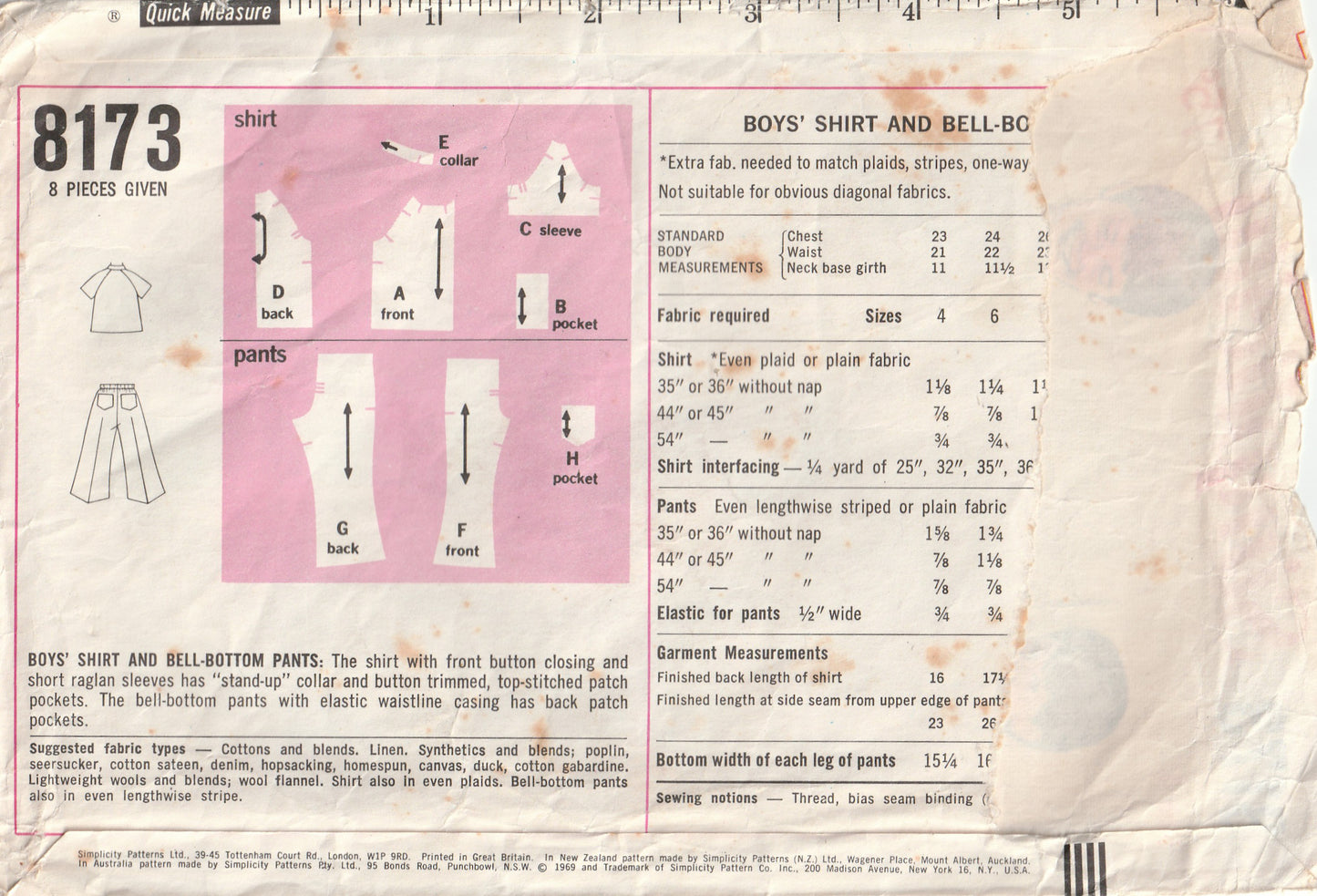 Simplicity 8173 Boys Shirt & Bell Bottom Pants 1960s Vintage Paper Sewing Pattern Size 4
