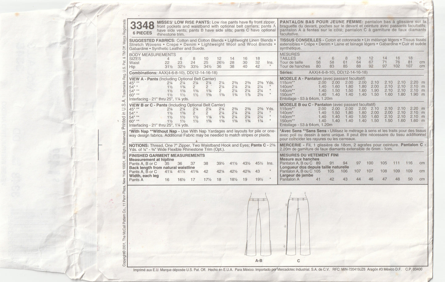 McCall's 3348 Womens Low Rise Jeans & Pants Out Of Print Paper Sewing Pattern Sizes 12 - 18 UNCUT Factory Folded