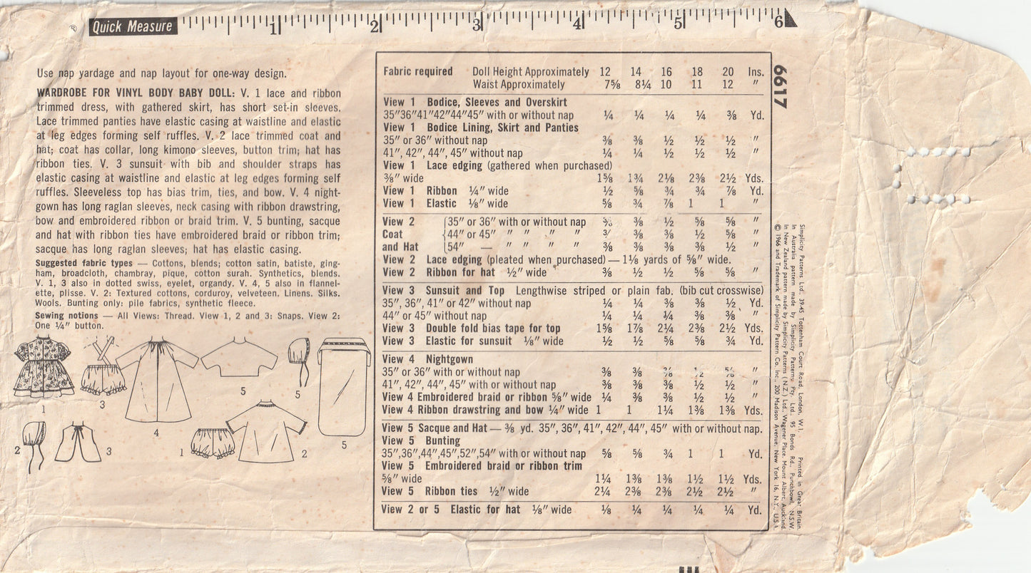 Simplicity 6617 RARE Retro Baby Doll Wardrobe for 12 Inch Dolls 1970s Vintage Paper Sewing Pattern UNCUT Factory Folded