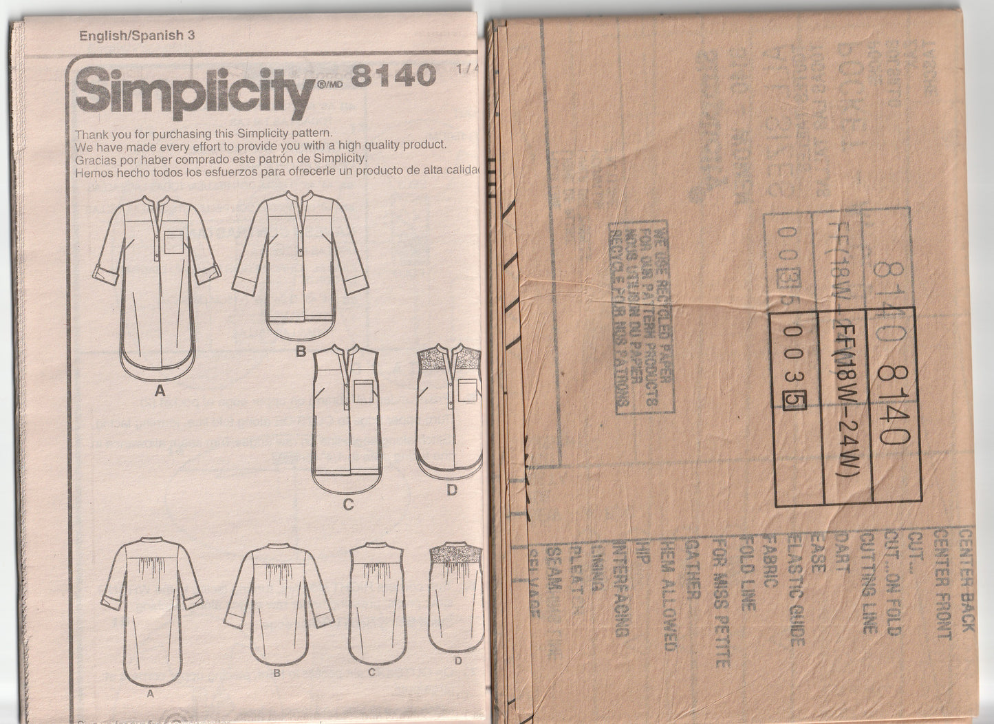 Simplicity 8140 Womens Knee Length Shirts & Tunics Out Of Print Paper Sewing Pattern Sizes 18W - 24W UNCUT Factory Folded