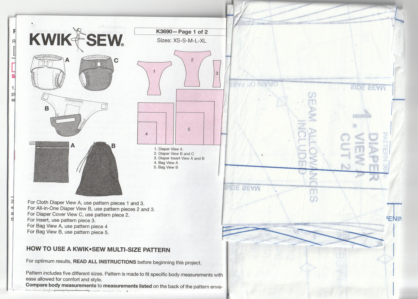 Kwik Sew 3690 Reusable Baby Diapers & Covers with Accessories Out Of Print Sewing Pattern Size XS - XL UNCUT Factory Folded