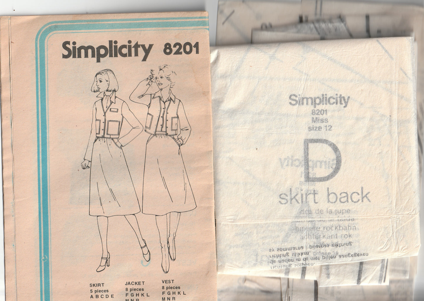 Simplicity 8201 Womens Boxy Vest Bomber Jacket & Skirt 1970s Vintage Paper Sewing Pattern Size 12 Bust 34 inches