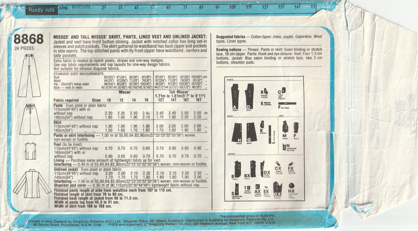 Simplicity 8868 Womens Jacket Vest Skirt & Pants in Regular & Tall Fittings 1970s Vintage Paper Sewing Pattern Size 12 Bust 34 inches
