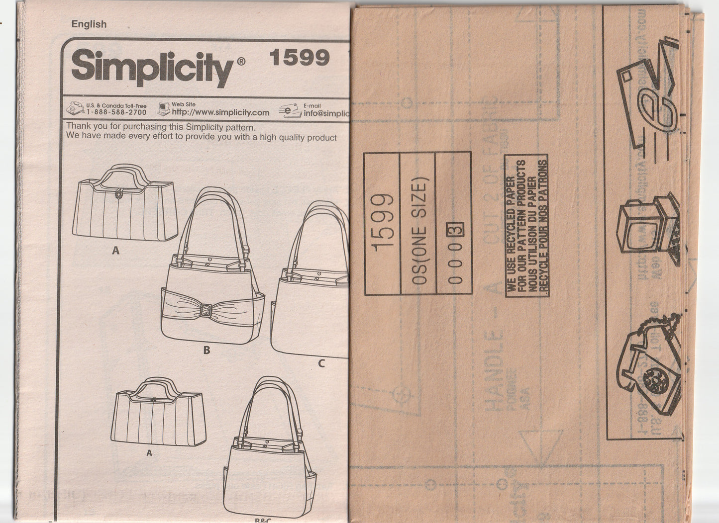 Simplicity 1599 Womens Shoulder Tote Bags Out Of Print Paper Sewing Pattern UNCUT Factory Folded