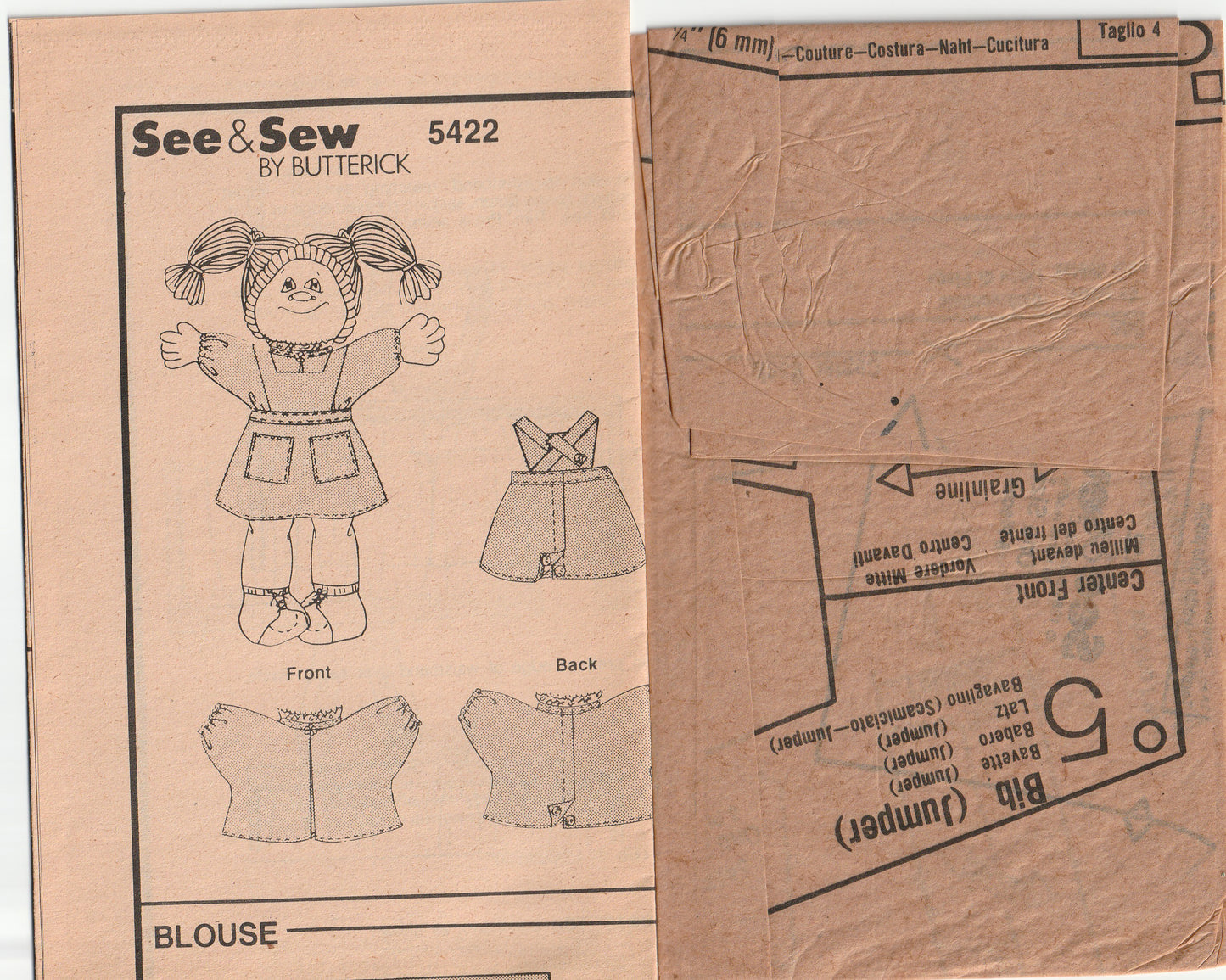 Butterick See & Sew 5422 CABBAGE PATCH KIDS Clothes Blouse & Pinafore 1980s Vintage Paper Sewing Pattern UNCUT Factory Folded