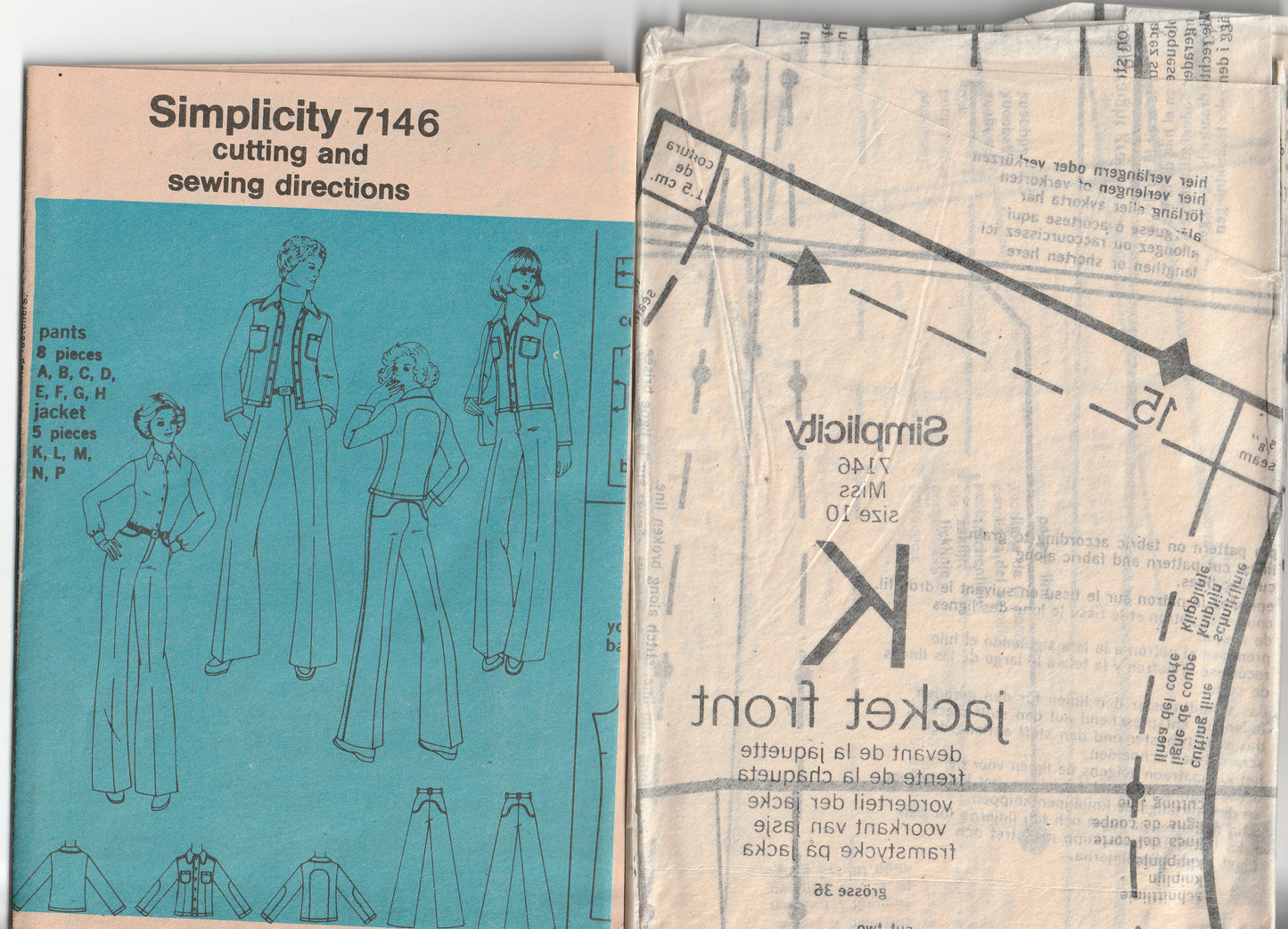Simplicity 7146 Womens Classic Double Denim Jacket & Flared Jeans 1970s Vintage Paper Sewing Pattern Size 10 Bust 32.5 inches