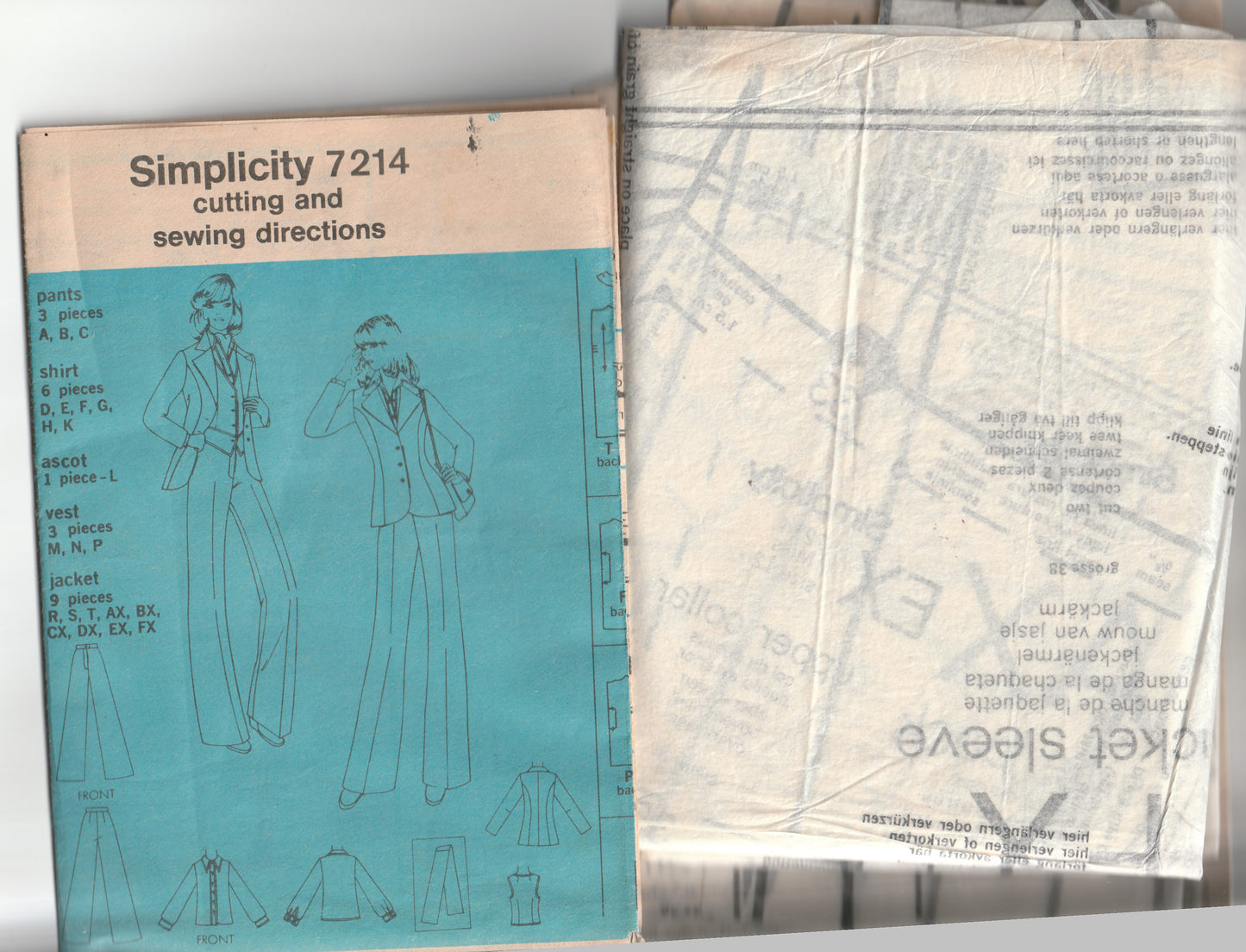 Simplicity 7214 Womens Wide Lapel Shaped Jacket Vest Shirt Flared Pants & Ascot 1970s Vintage Paper Sewing Pattern Size 12 Bust 34 inches