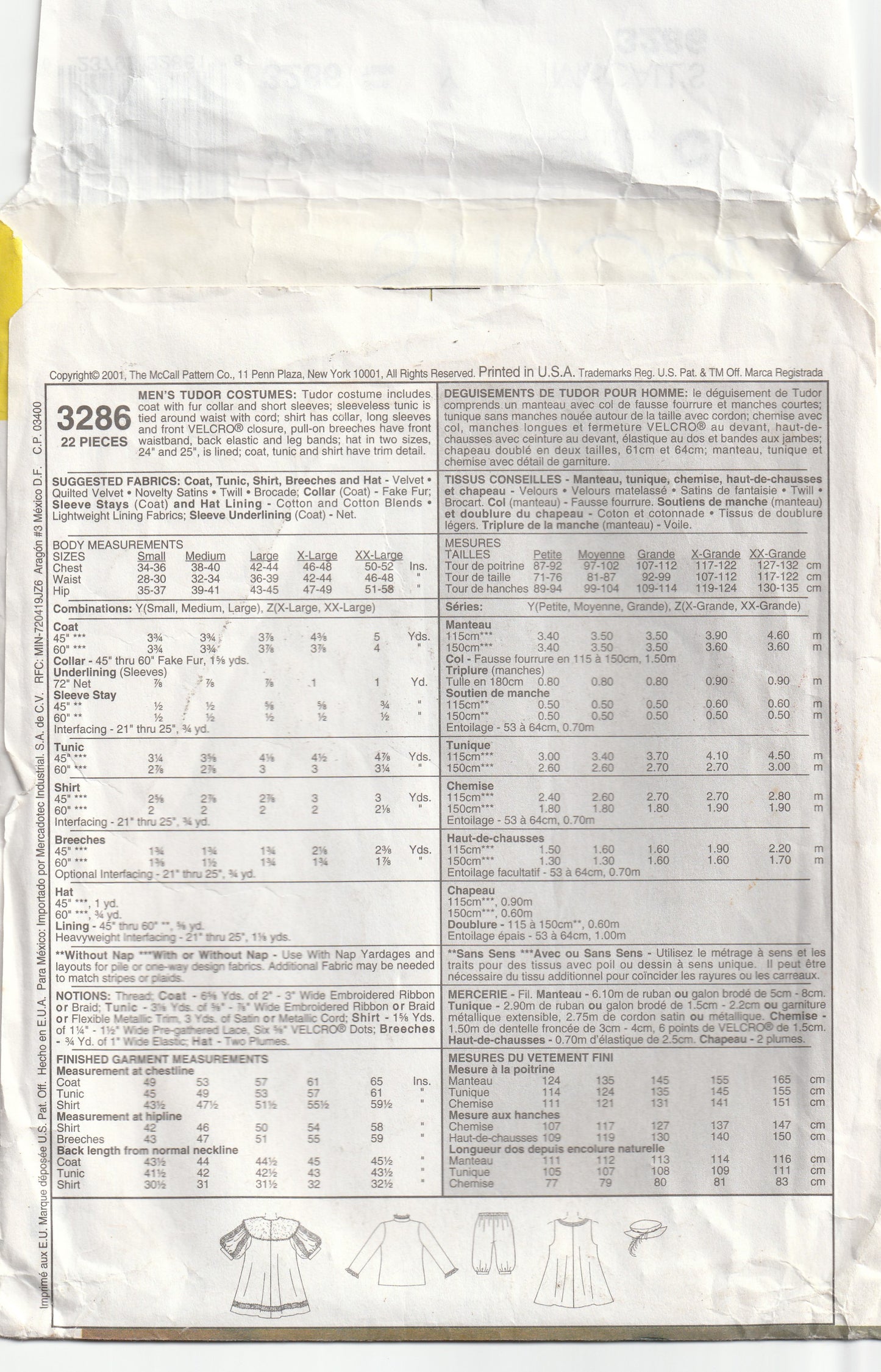 McCall's 3286 Mens Tudor Costumes Out Of Print Paper Sewing Pattern Size 34 - 44 UNCUT Factory Folded