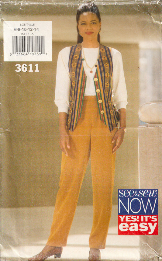 Butterick See & Sew 3611 Womens Vest Top & Tapered Pants 1990s Vintage Paper Sewing Pattern Size 6 - 14 UNCUT Factory Folded