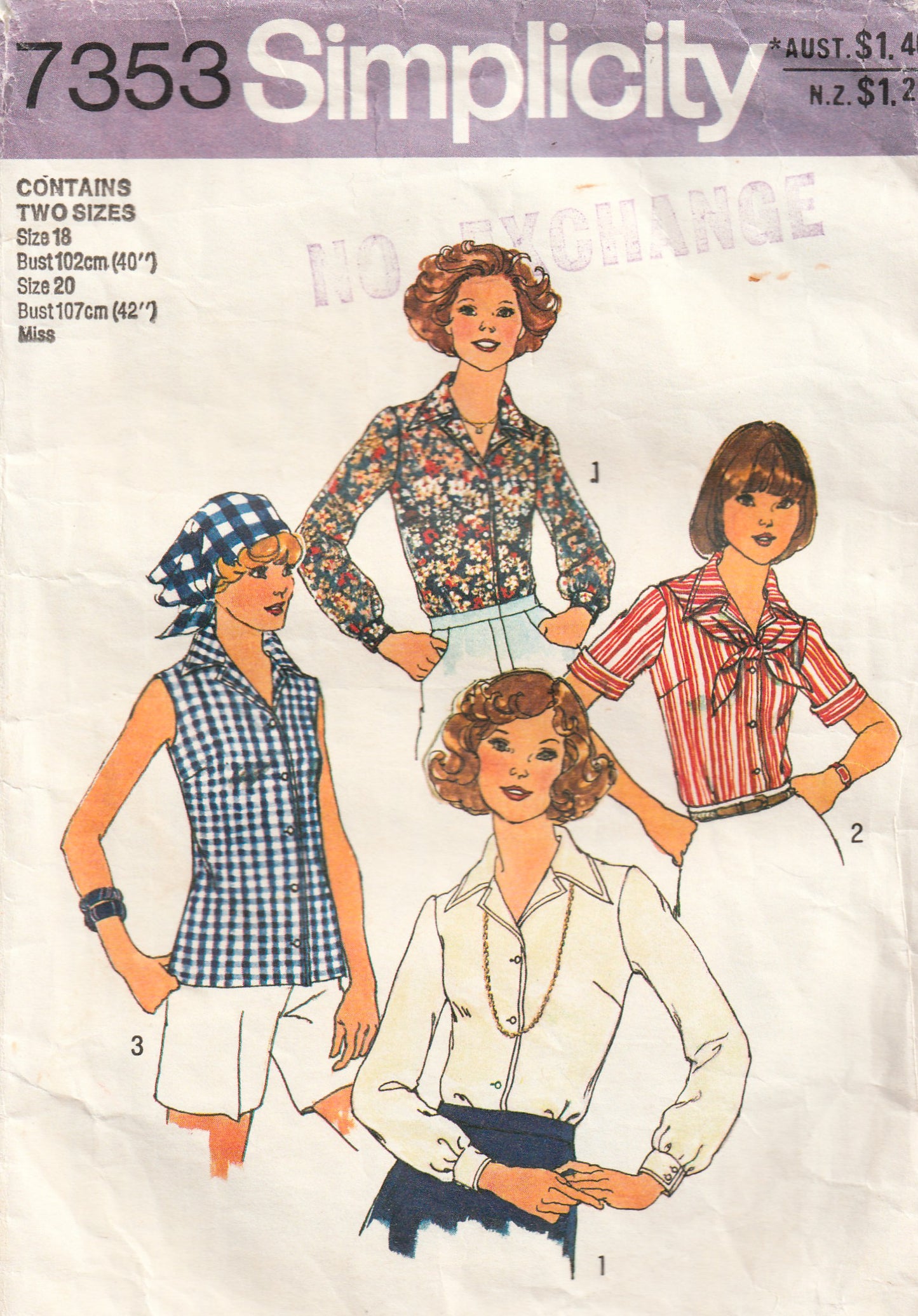 Simplicity 7353 Womens Classic Wide Collar Shirts 1970s Vintage Paper Sewing Pattern Size 18 & 20 Bust 40 & 42 Inches