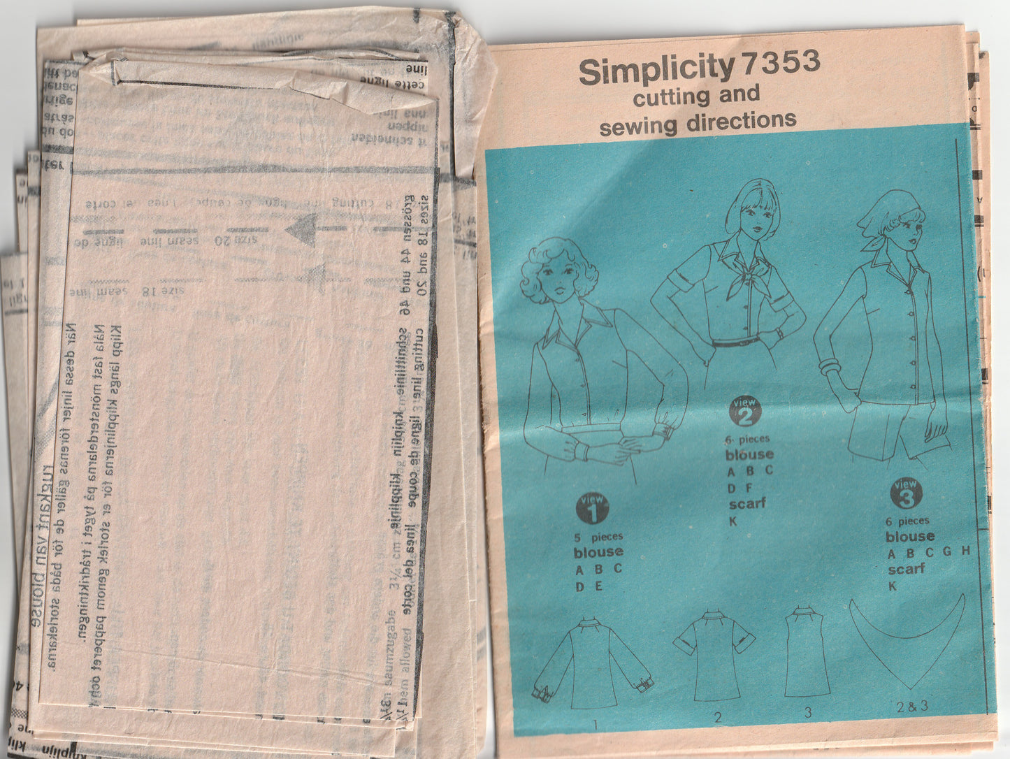 Simplicity 7353 Womens Classic Wide Collar Shirts 1970s Vintage Paper Sewing Pattern Size 18 & 20 Bust 40 & 42 Inches