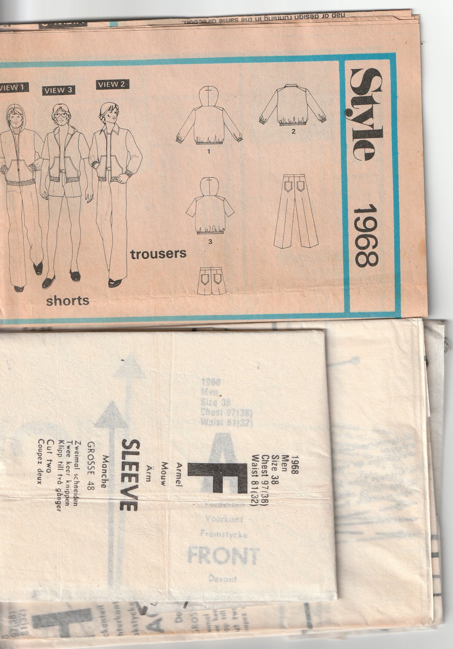 Style 1968 Mens Bomber Jacket Hoodie Pants & Shorts 1970s Vintage Paper Sewing Pattern Chest 38 inches