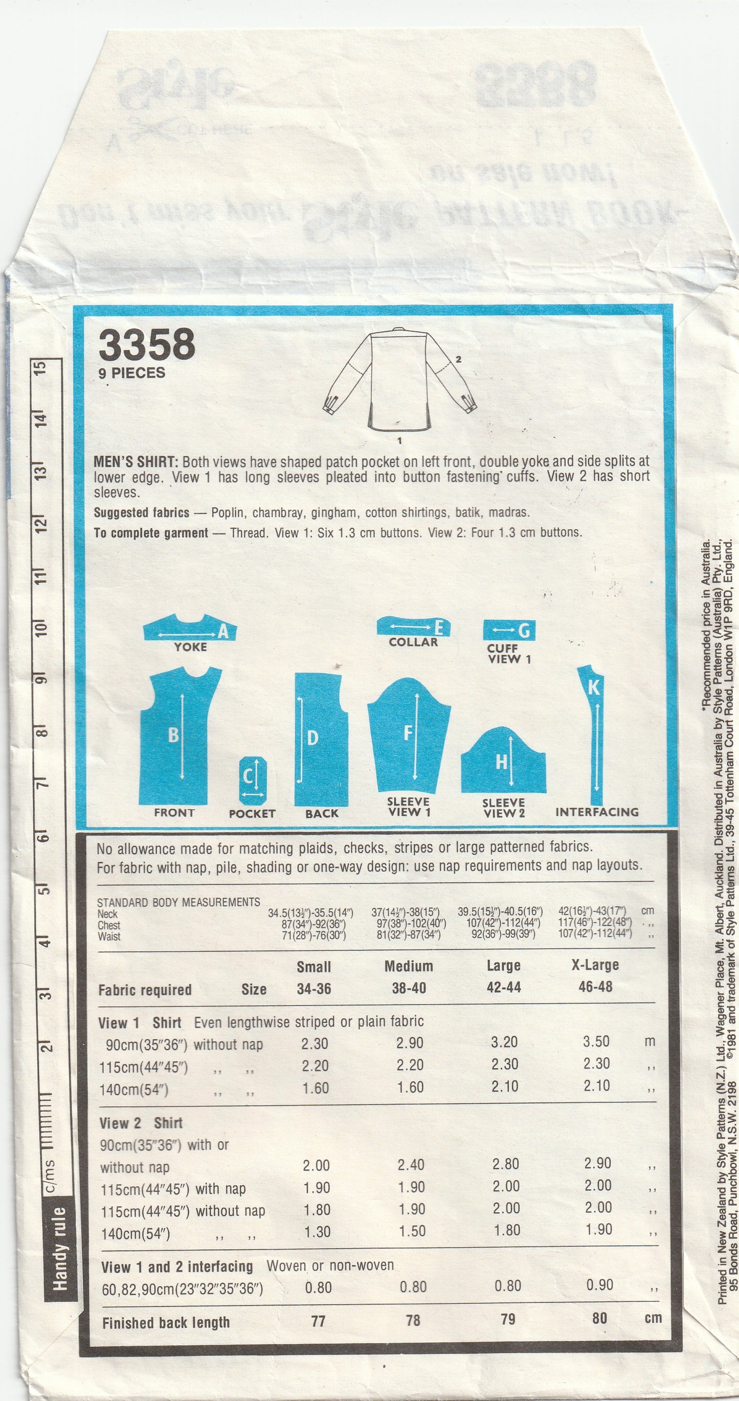Style 3358 Mens Classic Button Front Shirt 1980s Vintage Paper Sewing Pattern Size MEDIUM Chest 38 - 40 inches