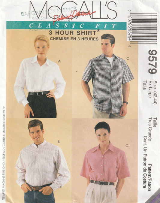 McCall's 9579 Palmer Pletsch Womens Mens UNISEX Classic Button Down Shirts 1990s Vintage Paper Sewing Pattern Size 42-44 UNCUT Factory Folded
