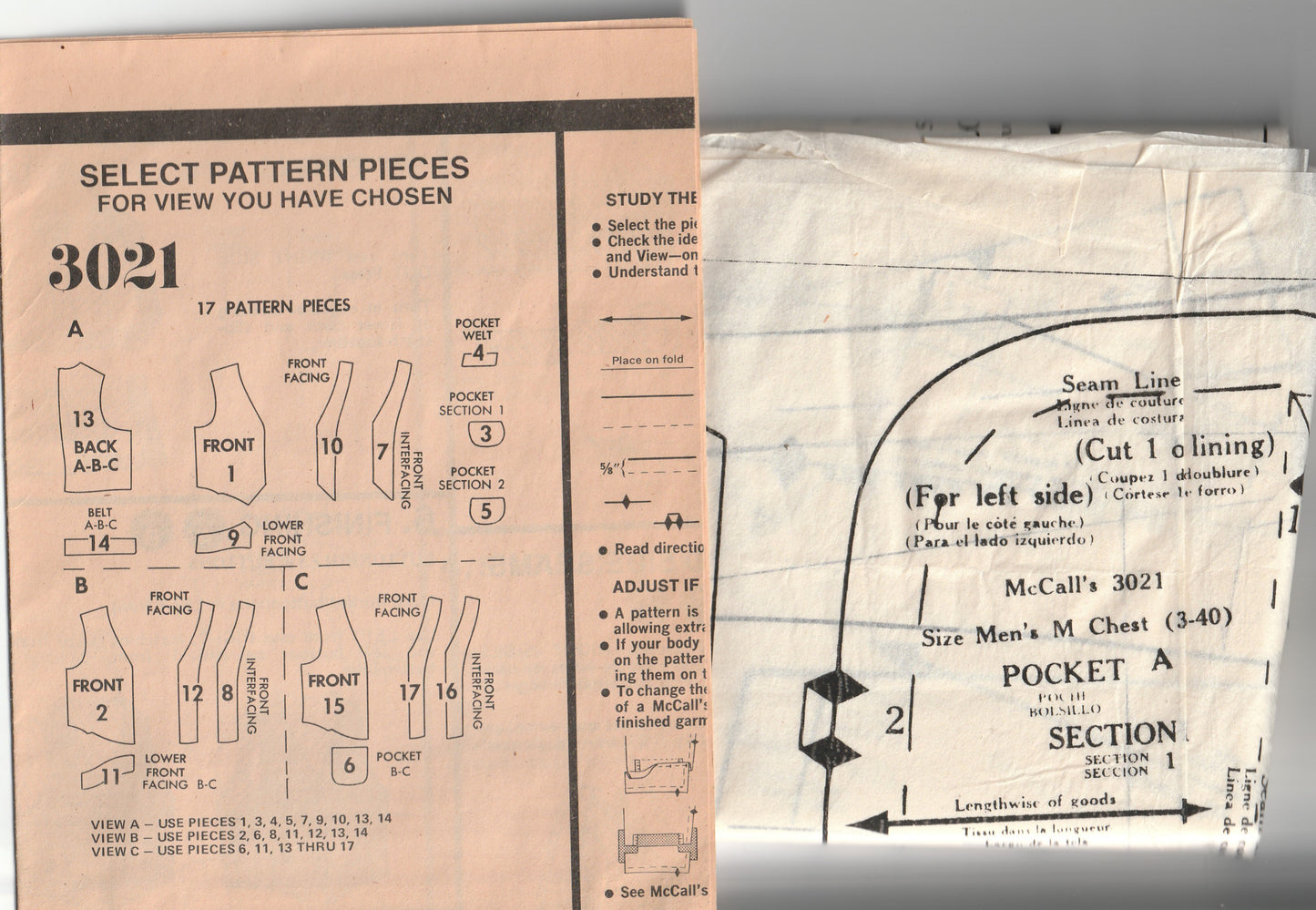 McCall's 3021 Mens Retro Lined Waistcoats 1970s Vintage Paper Sewing Pattern Size MEDIUM Chest 38 - 40 inches