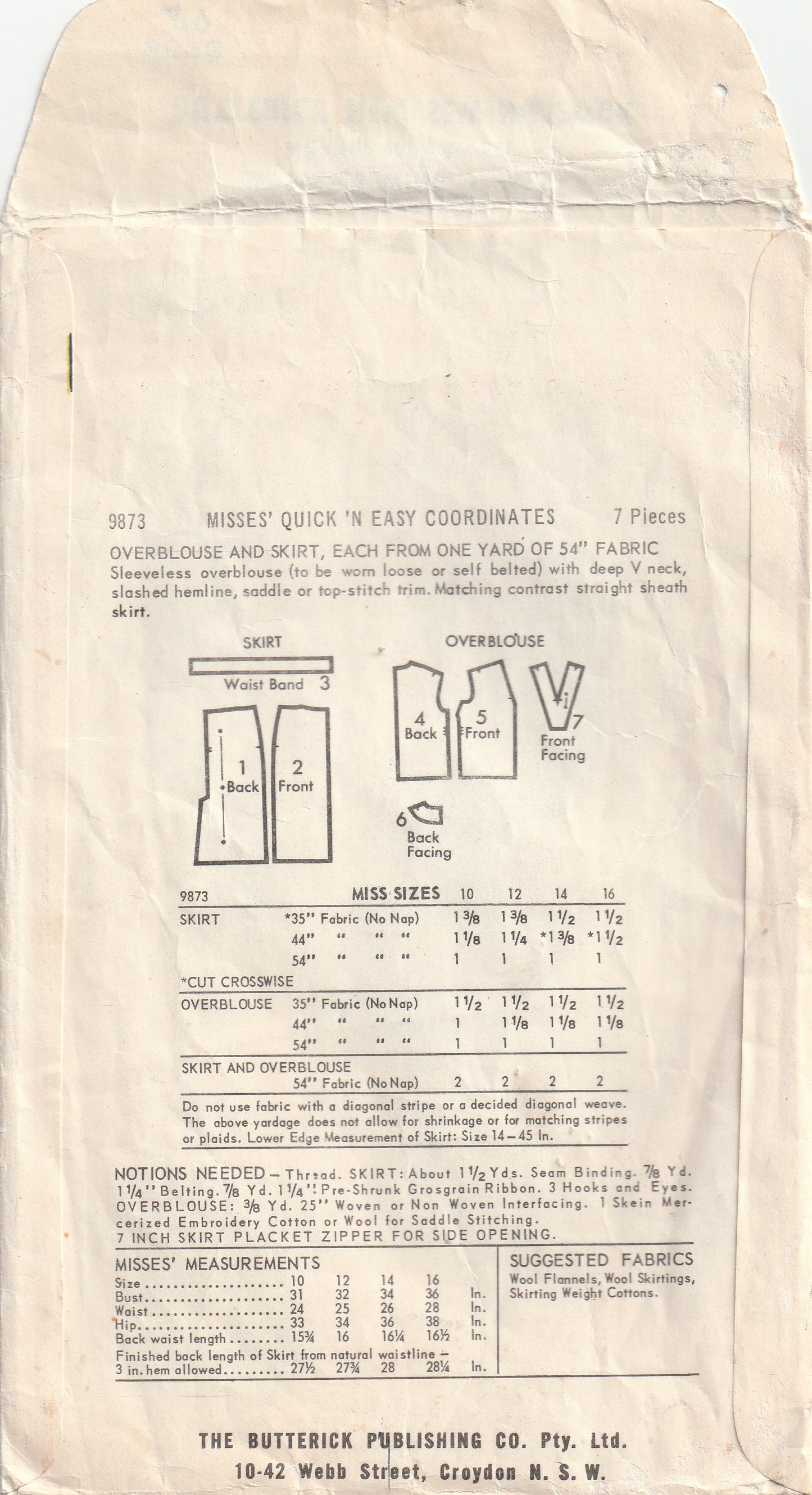 Butterick 9873 EASY ONE YARD Overblouse & Skirt 1960s Vintage Paper Sewing Pattern Size 14 Bust 34 inches