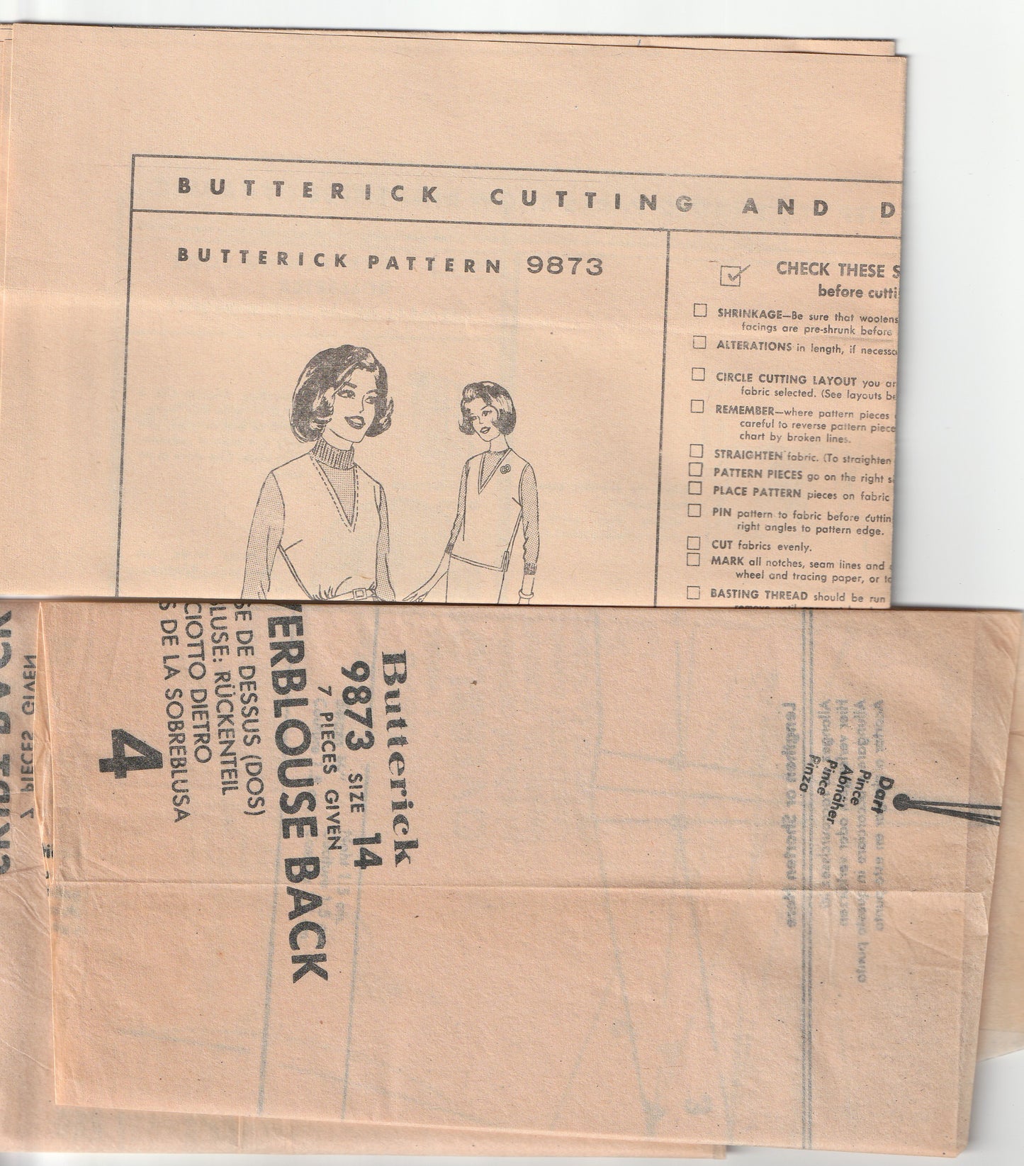 Butterick 9873 EASY ONE YARD Overblouse & Skirt 1960s Vintage Paper Sewing Pattern Size 14 Bust 34 inches