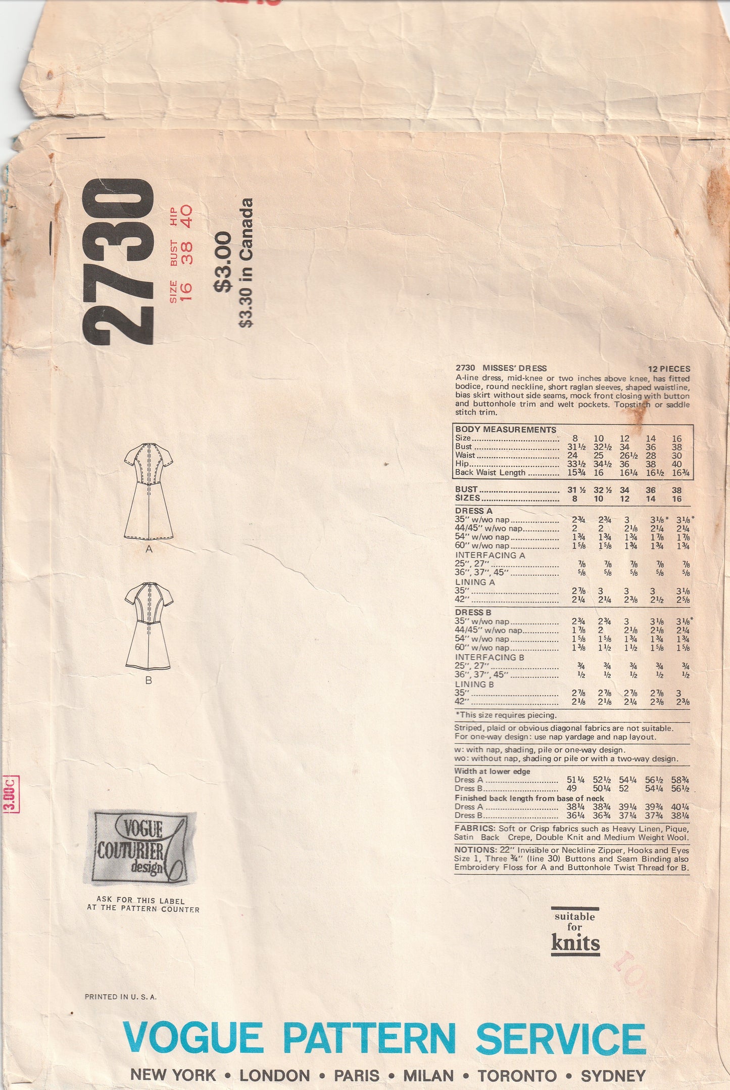 Vogue Couturier Design 2730 VALENTINO Womens A Line Dress with Shaped Midriff 1970s Vintage Paper Sewing Pattern Size 16 Bust 38 inches