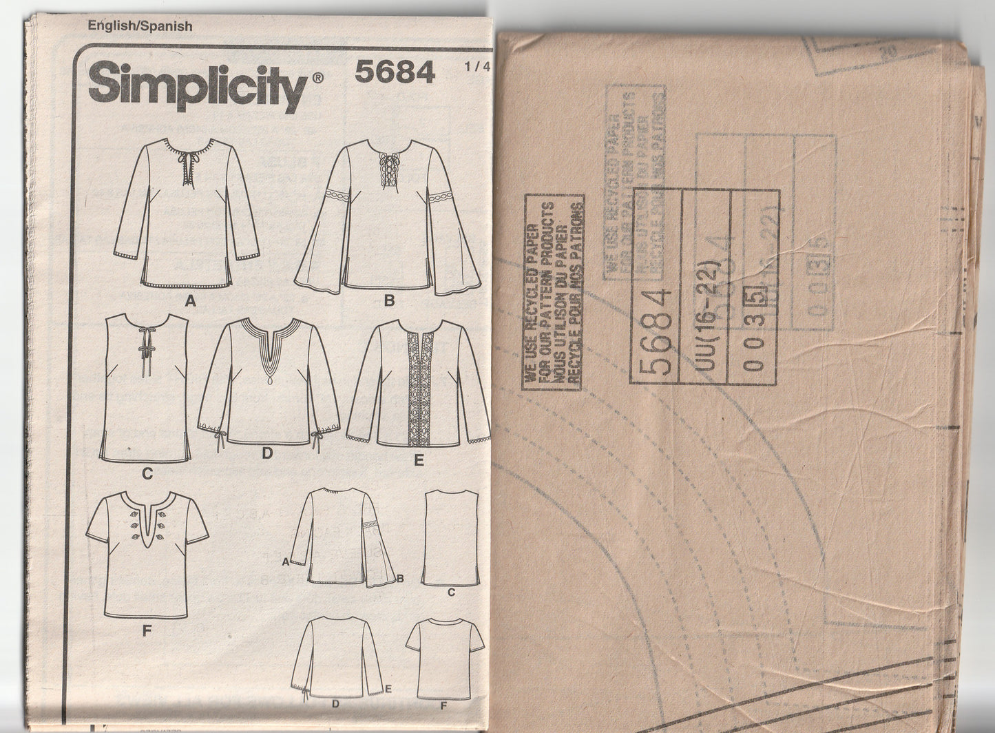 Simplicity 5684 Womens 6 EASY Pullover Caftan Style Tops & Tunics Out Of Print Paper Sewing Pattern Size 16 - 22 UNCUT Factory Folded