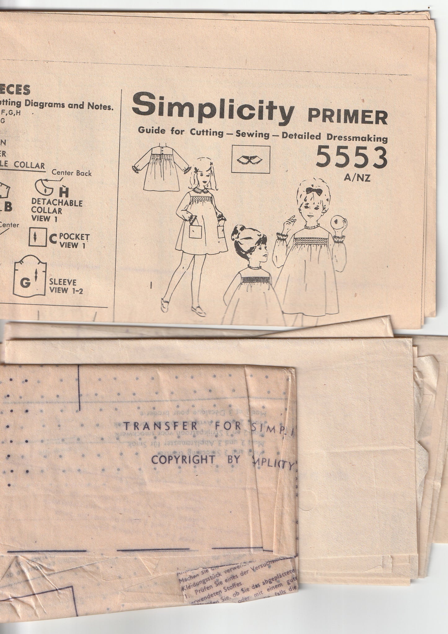 Simplicity 5553 Girls Smocked Mini Dress with Detachable Collar 1960s Vintage Paper Sewing Pattern Size 6