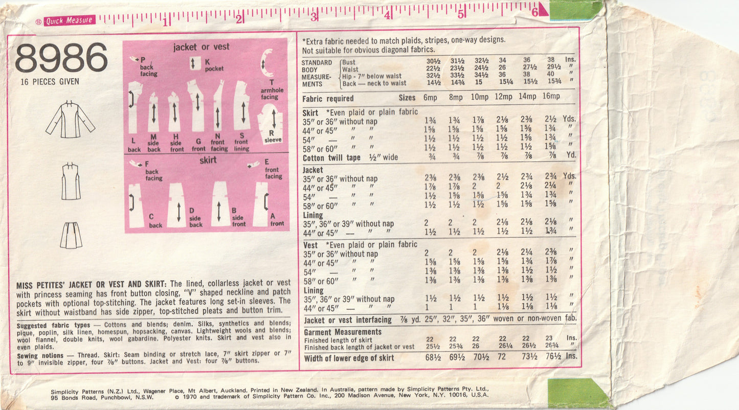 Simplicity 8986 Womens Princess Jacket Vest & Flared Skirts 1970s Vintage Paper Sewing Pattern Size 10MP Bust 32.5 inches