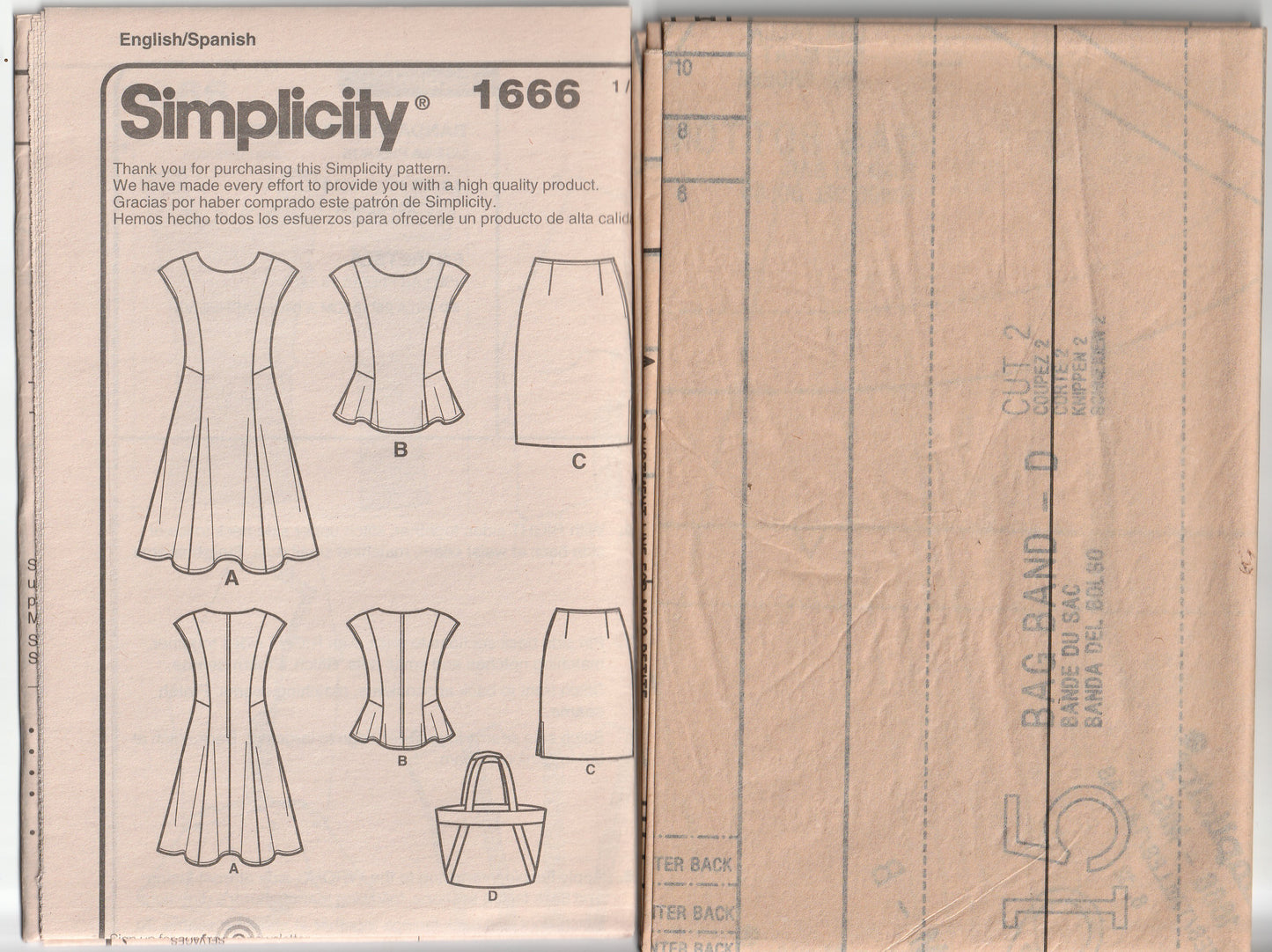 Simplicity 1666 LISETTE Womens Peplum Top Dress Skirt & Tote Bag Out Of Print Paper Sewing Pattern Size 6 - 14 UNCUT Factory Folded