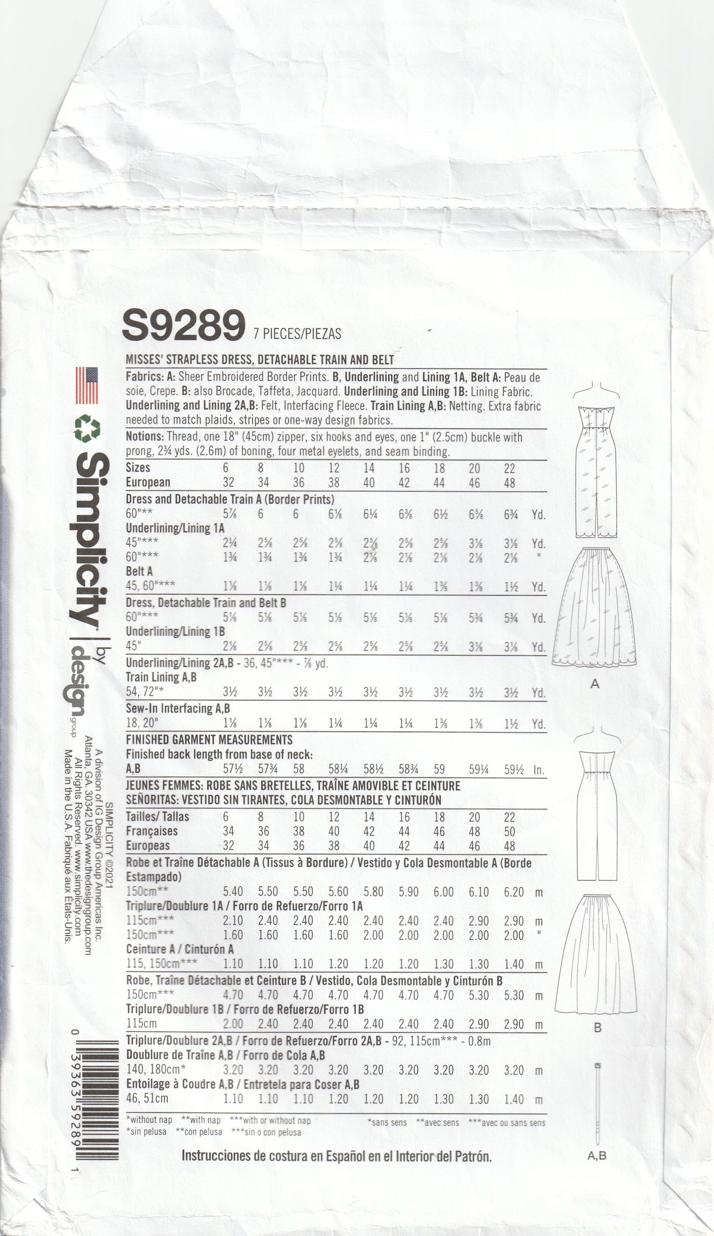 Simplicity 9289 GERTIE'S Womens Strapless Boned Bodice Wedding Dress with Train Paper Sewing Pattern Size 6 - 14 UNCUT Factory Folded