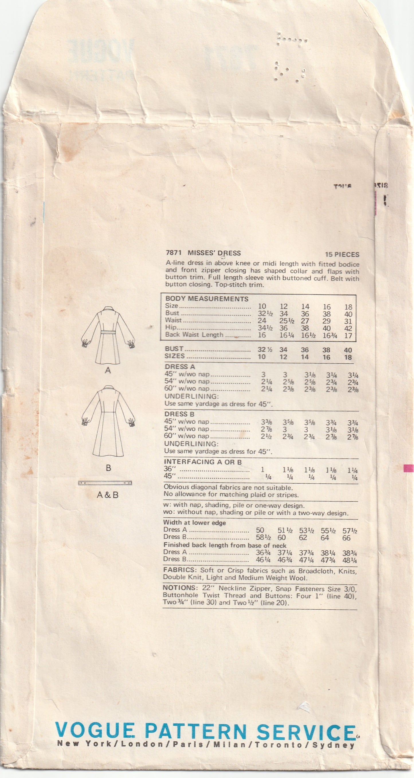 Vogue 7871 Womens A Line Dress with Bomber Jacket Effect 1970s Vintage Paper Sewing Pattern Size 14 Bust 36 Inches