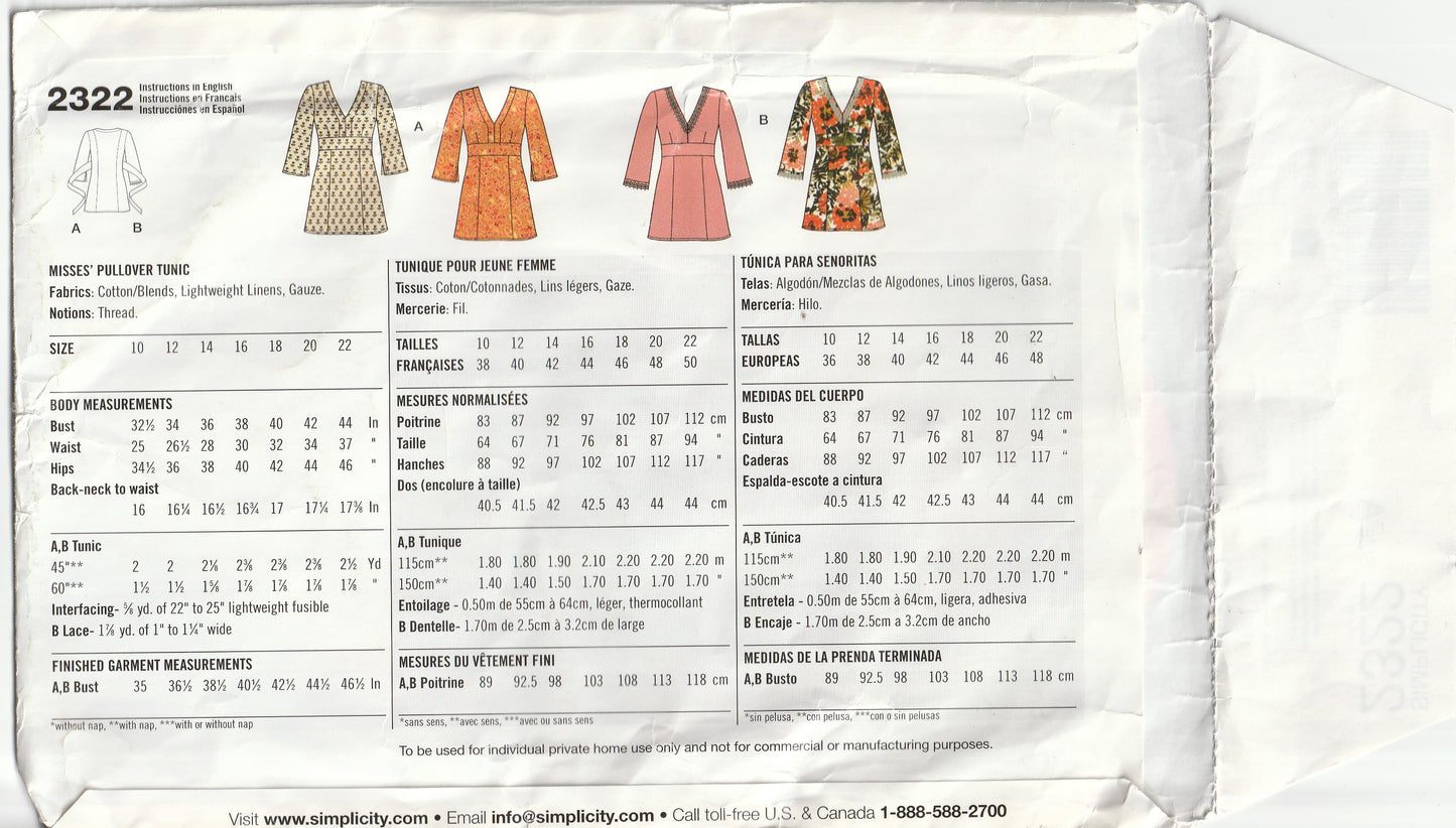 Simplicity 2322 Womens EASY Pullover Tunic Tops Out Of Print Paper Sewing Pattern Size 10 - 22 UNCUT Factory Folded