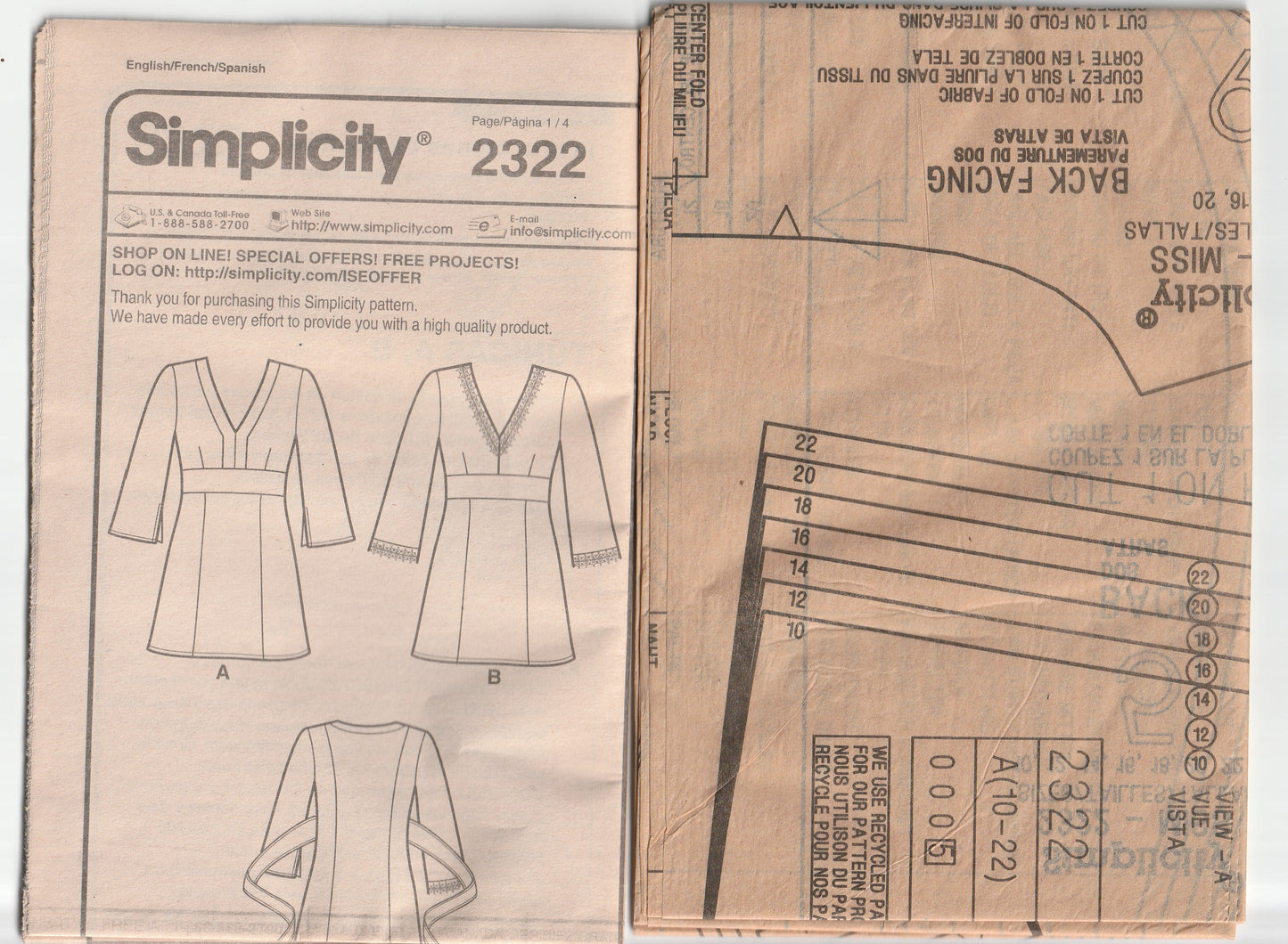 Simplicity 2322 Womens EASY Pullover Tunic Tops Out Of Print Paper Sewing Pattern Size 10 - 22 UNCUT Factory Folded