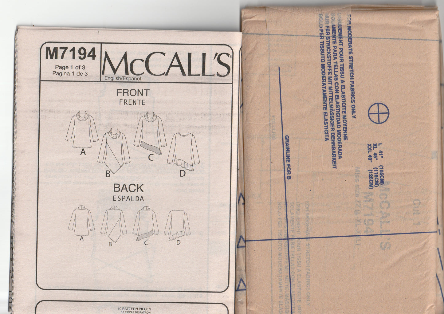 McCall's 7194 Womens Asymmetric Stretch Knit Pullover Tops Out Of Print Paper Sewing Pattern Sizes L - XXL UNCUT Factory Folded