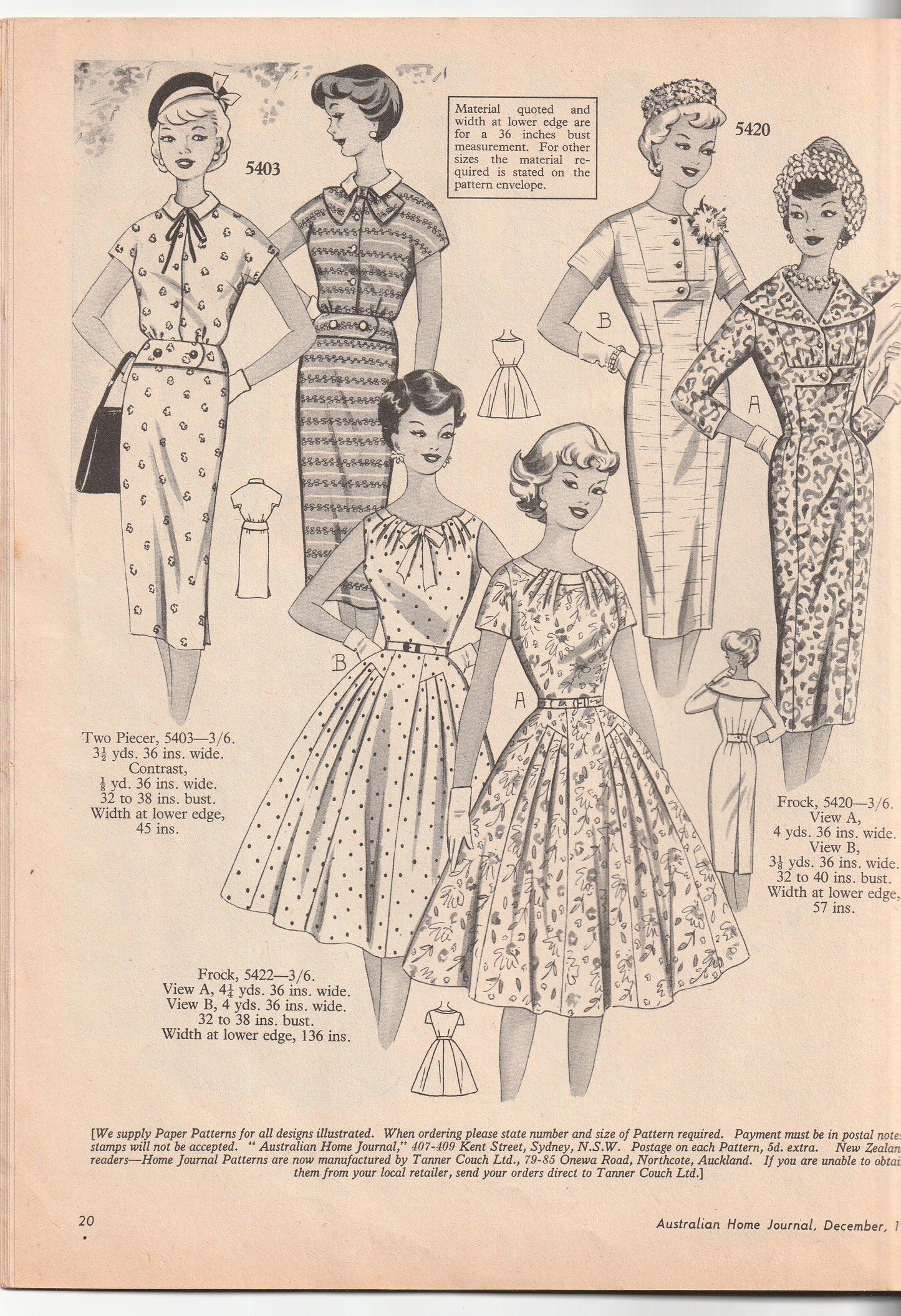 Australian Home Journal December 1959 Magazine with 2 Womens Frocks & Toddlers Party Dress Factory Folded Paper Sewing Patterns Included