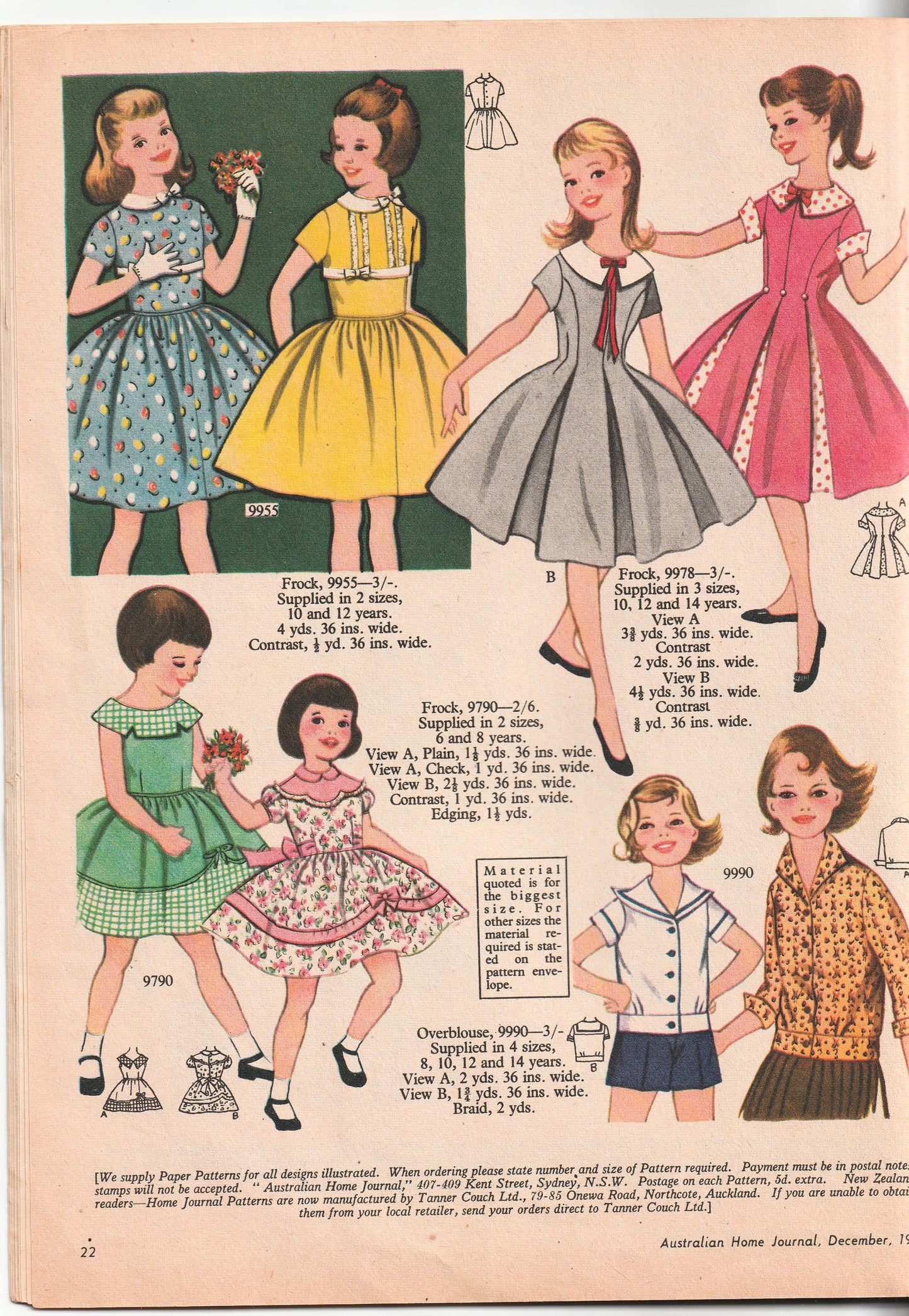 Australian Home Journal December 1959 Magazine with 2 Womens Frocks & Toddlers Party Dress Factory Folded Paper Sewing Patterns Included