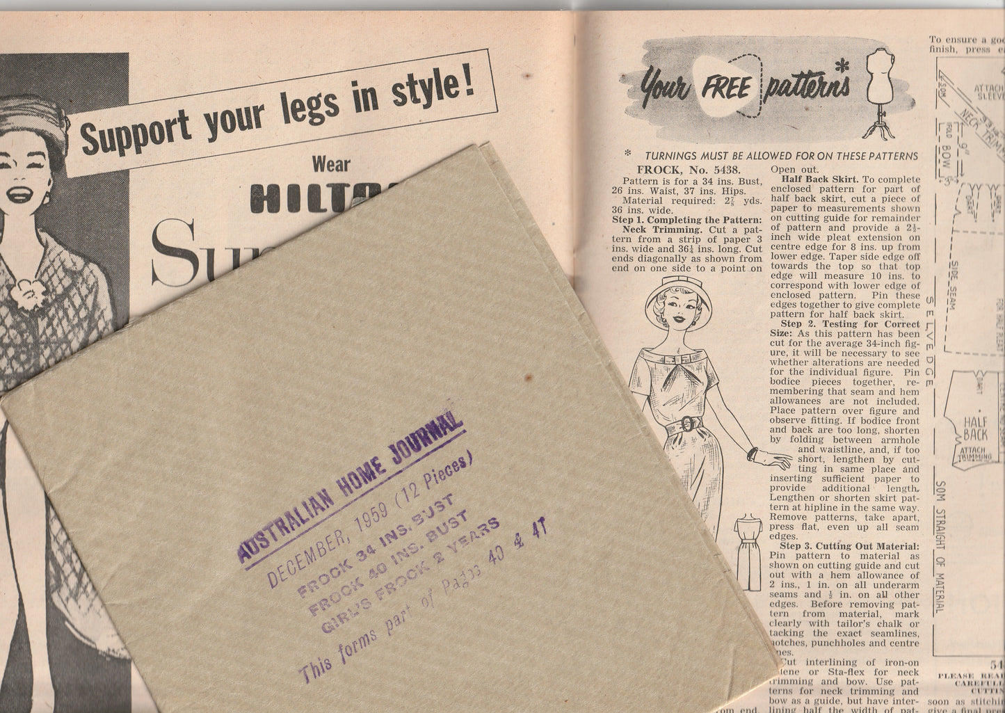 Australian Home Journal December 1959 Magazine with 2 Womens Frocks & Toddlers Party Dress Factory Folded Paper Sewing Patterns Included