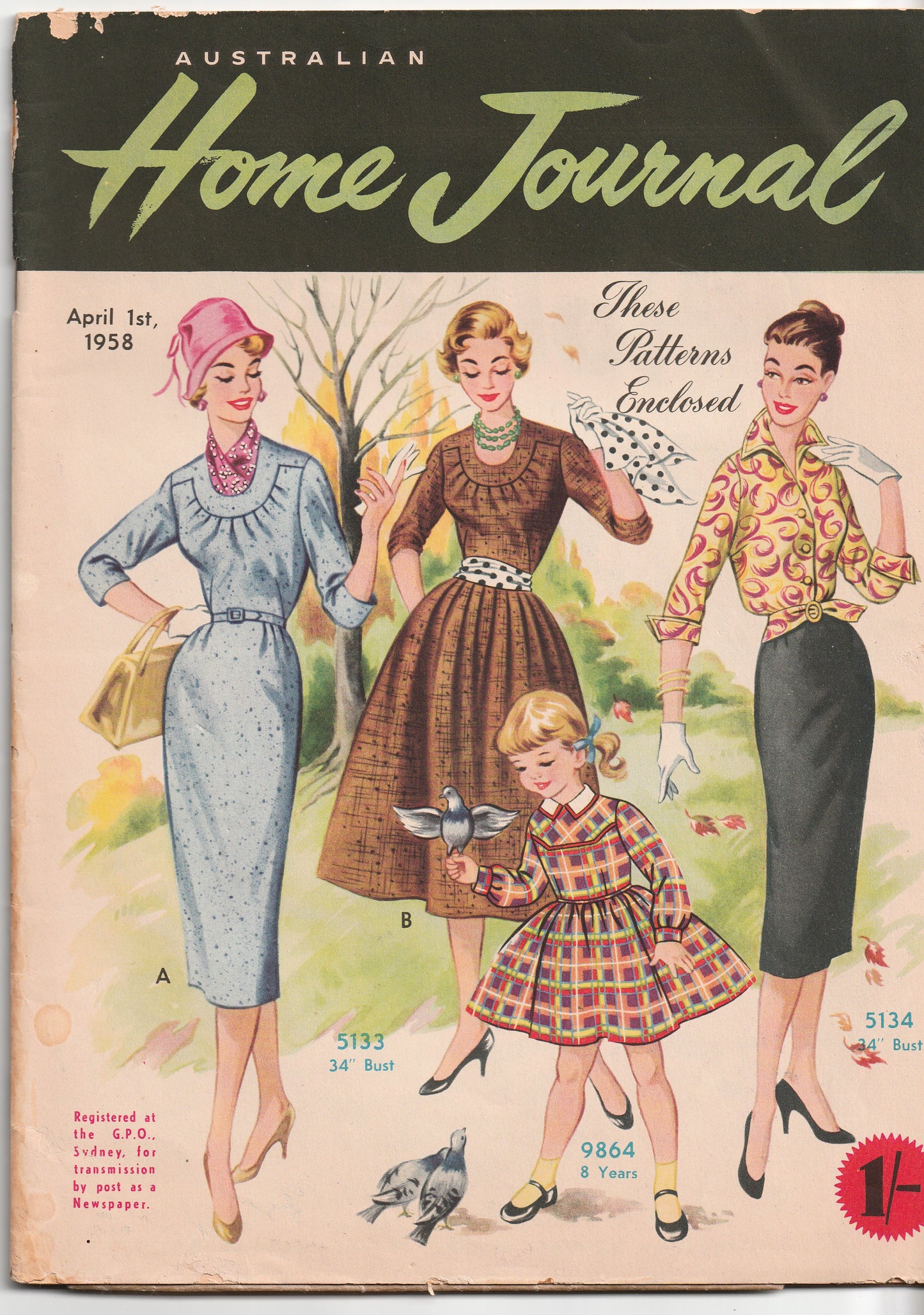 Cover of 'Australian Home Journal' from April 1st, 1958 with vintage fashion illustrations.