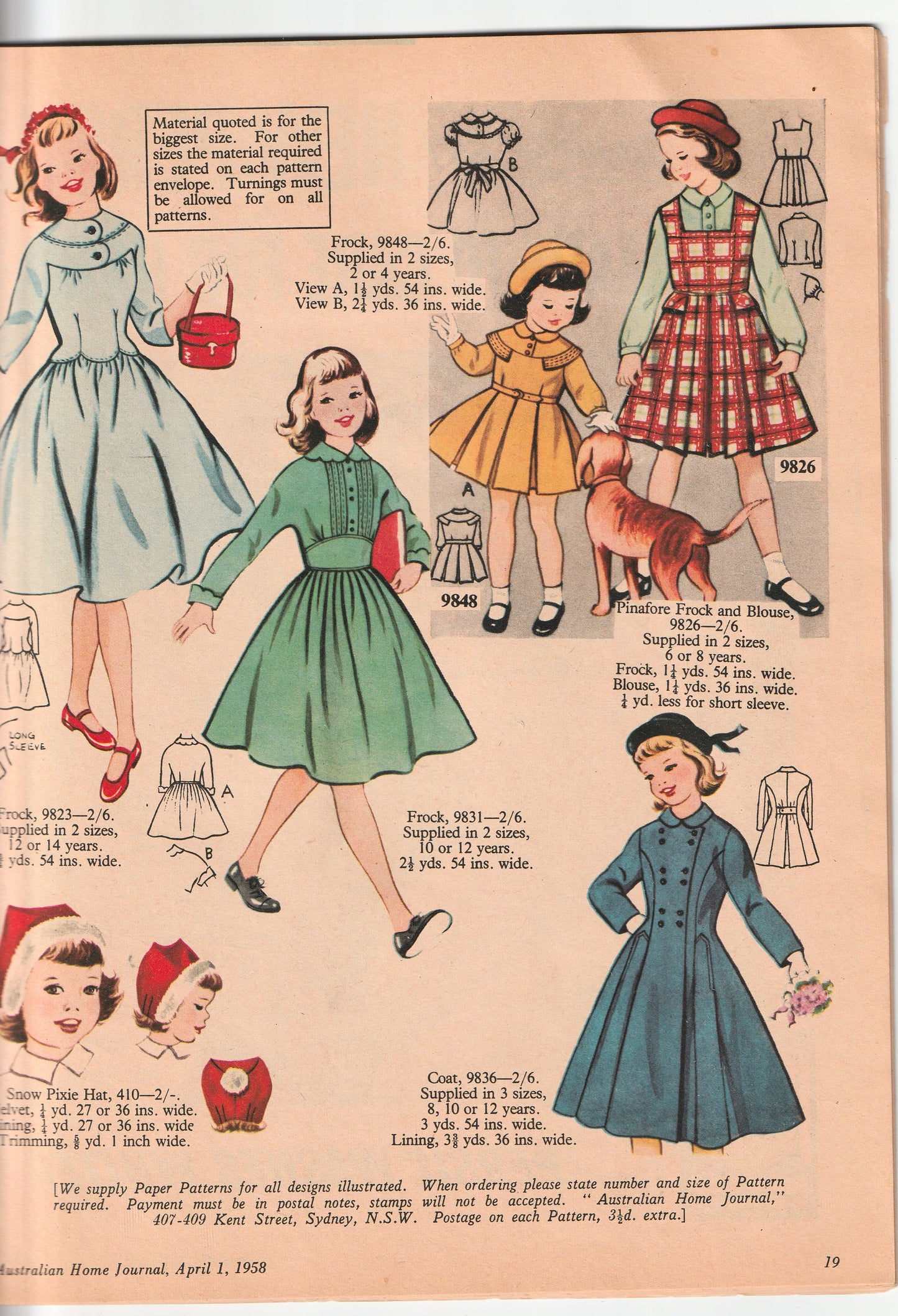 Australian Home Journal April 1958 Magazine with 2 Womens Frocks & Girls Party Dress Factory Folded Paper Sewing Patterns Included
