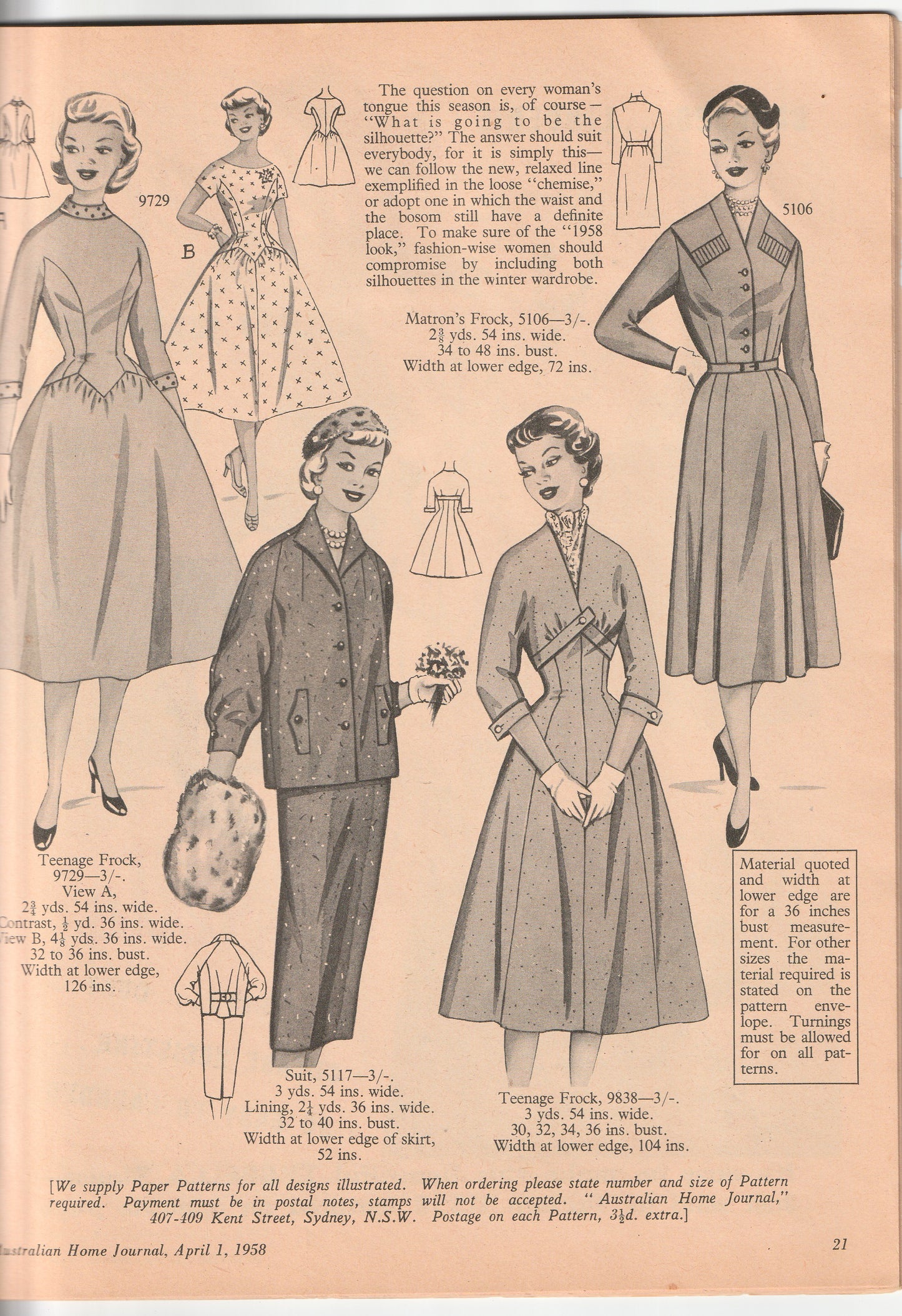 Australian Home Journal April 1958 Magazine with 2 Womens Frocks & Girls Party Dress Factory Folded Paper Sewing Patterns Included