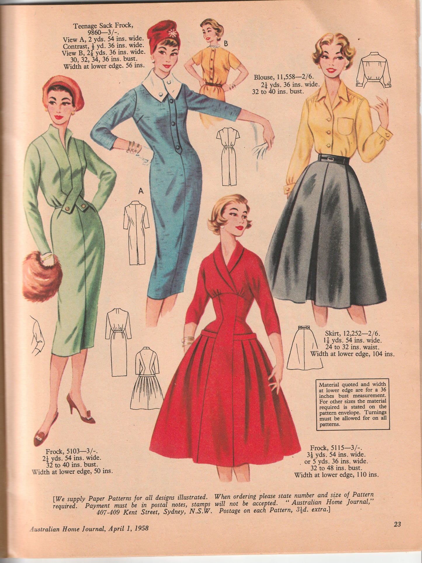 Australian Home Journal April 1958 Magazine with 2 Womens Frocks & Girls Party Dress Factory Folded Paper Sewing Patterns Included