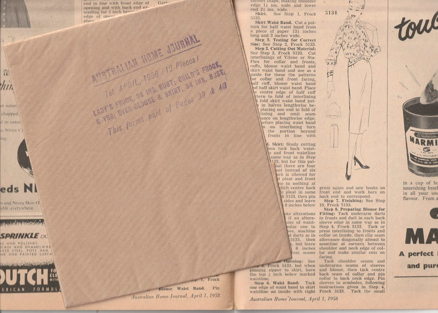 Australian Home Journal April 1958 Magazine with 2 Womens Frocks & Girls Party Dress Factory Folded Paper Sewing Patterns Included